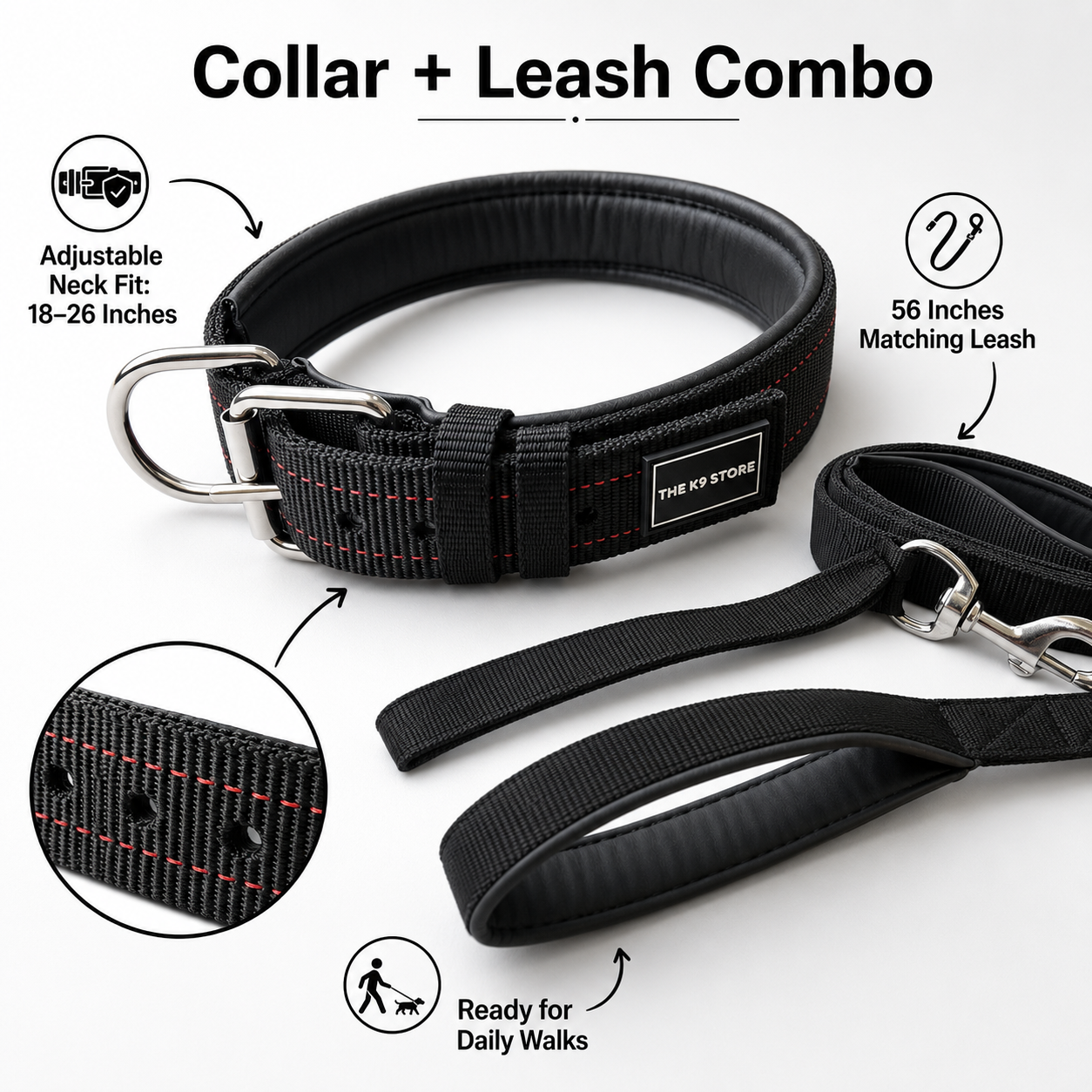 All-Weather Proof Dog Collar & Leash Combo Set | Padded PP Collar | 56 Inch Cushioned Leash | Fits 18-26 Inch Neck | Black