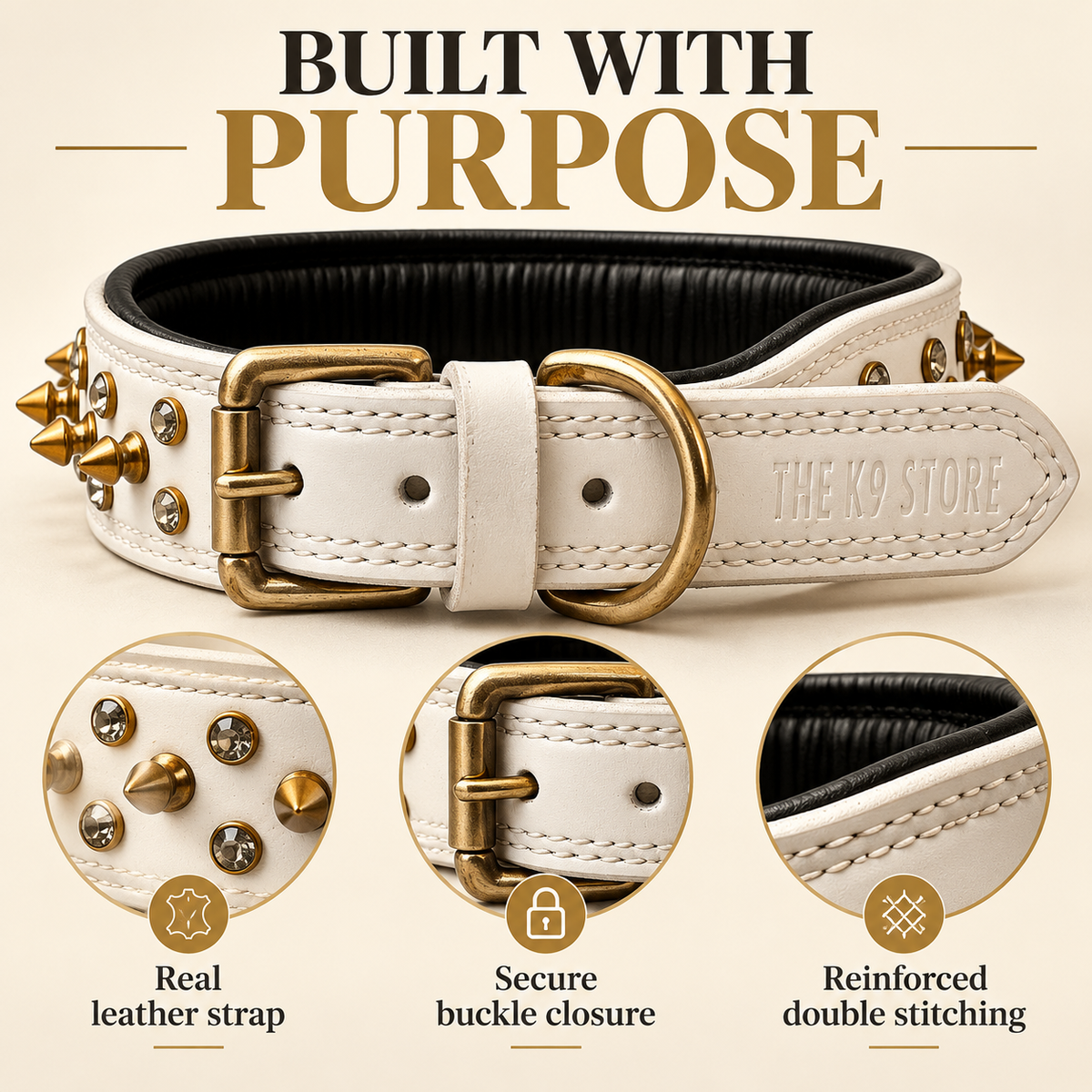 The K9 Store Premium Spiked Leather Designer Dog Collar – 100% Genuine Leather Gold Spikes with Brass Studs (Large & XL)