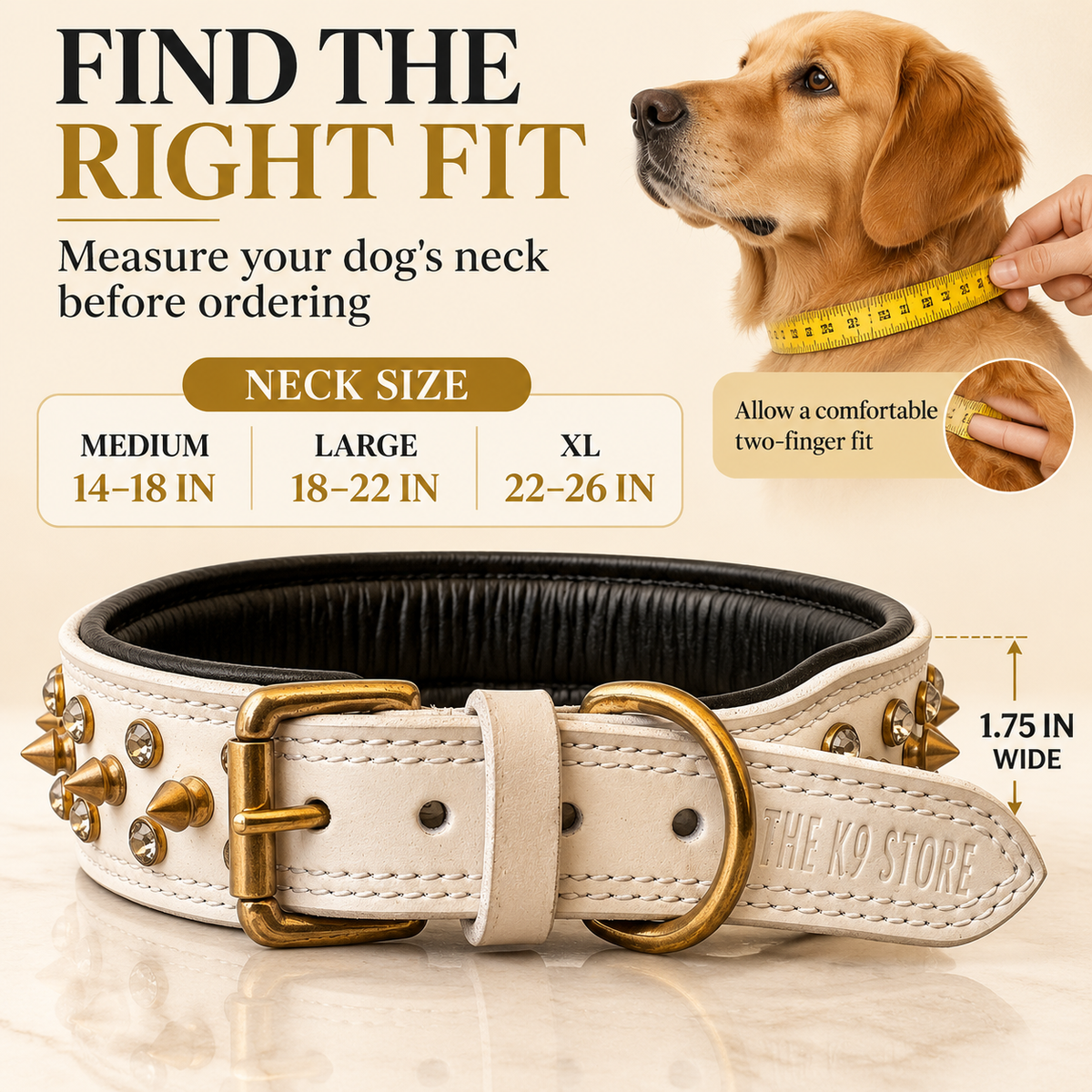 The K9 Store Premium Spiked Leather Designer Dog Collar – 100% Genuine Leather Gold Spikes with Brass Studs (Large & XL)