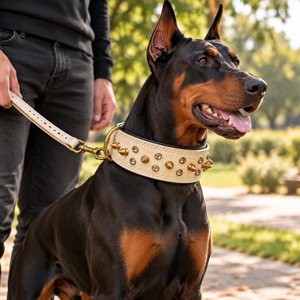 The K9 Store Premium Spiked Leather Designer Dog Collar – 100% Genuine Leather Gold Spikes with Brass Studs (Large & XL)