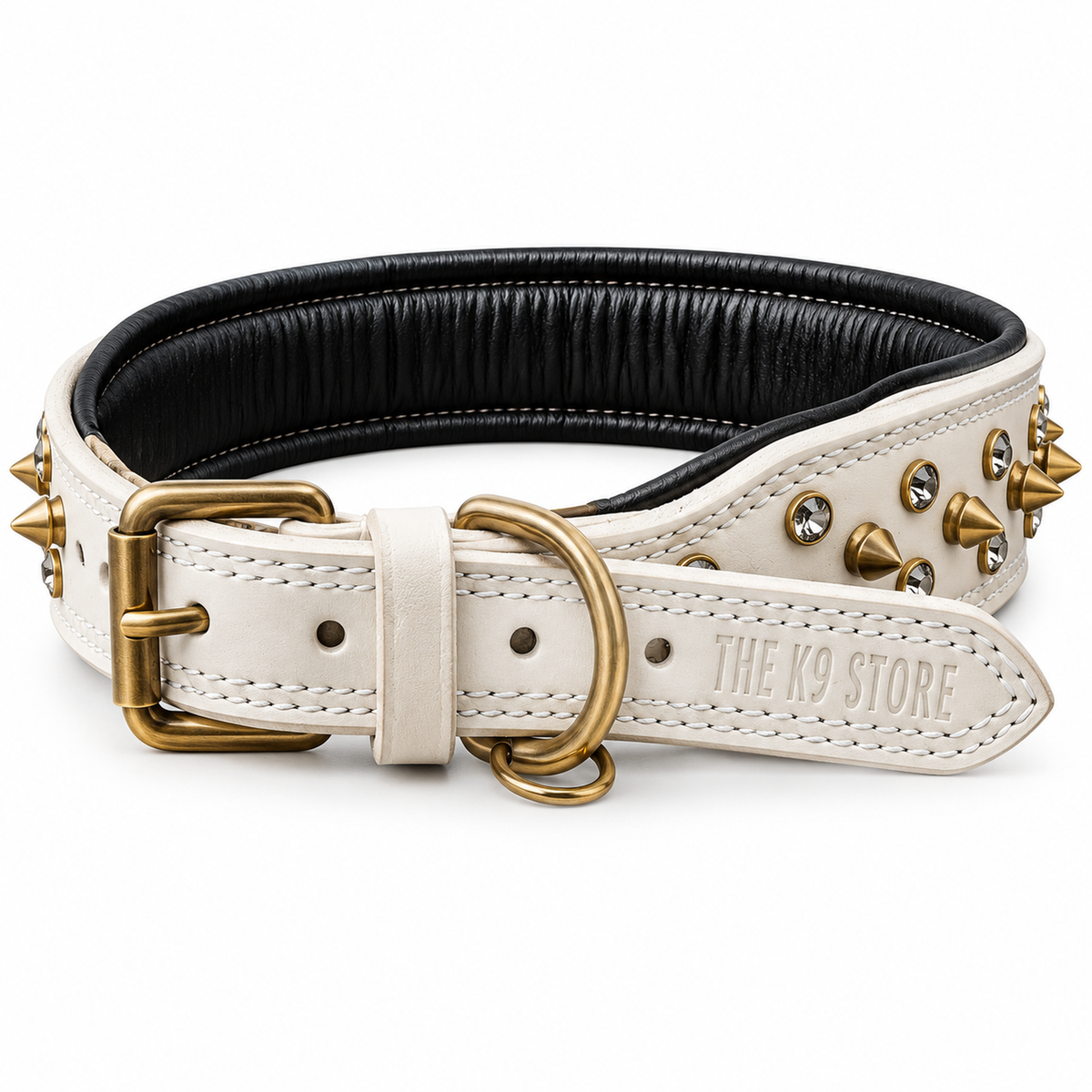 The K9 Store Premium Spiked Leather Designer Dog Collar – 100% Genuine Leather Gold Spikes with Brass Studs (Large & XL)