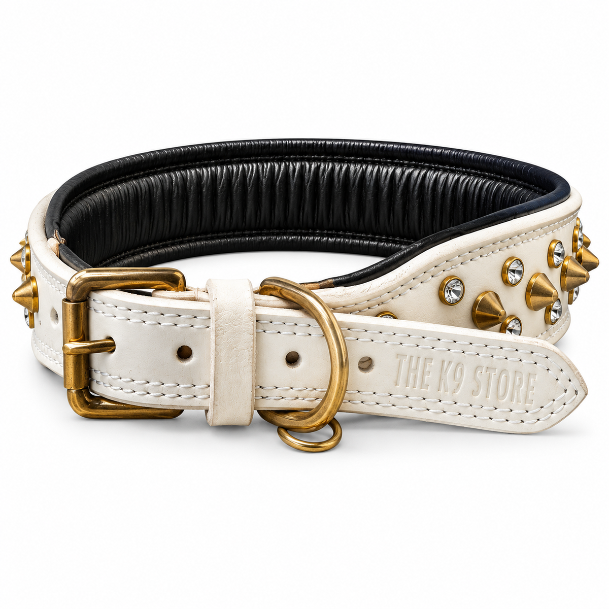 The K9 Store Premium Spiked Leather Designer Dog Collar – 100% Genuine Leather Gold Spikes with Brass Studs (Large & XL)