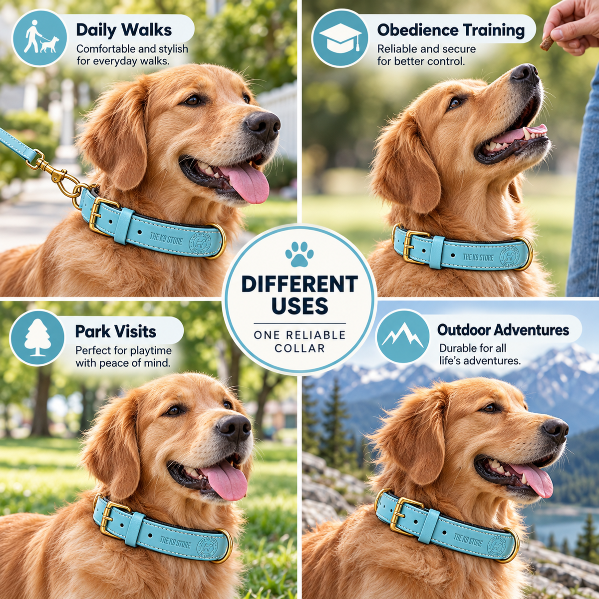 The K9 Store Sky Blue Premium Leather Dog Collar | Soft Cushioned Inner Lining | Brass-Tone Buckle & D-Ring | Reinforced Stitching | S, M, L & XL | The K9 Store
