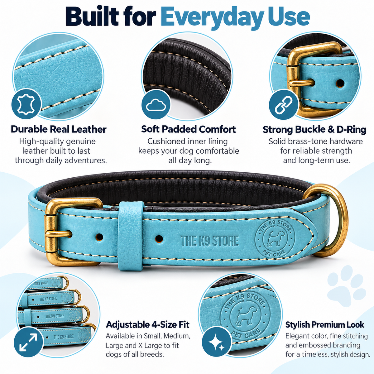 The K9 Store Sky Blue Premium Leather Dog Collar | Soft Cushioned Inner Lining | Brass-Tone Buckle & D-Ring | Reinforced Stitching | S, M, L & XL | The K9 Store