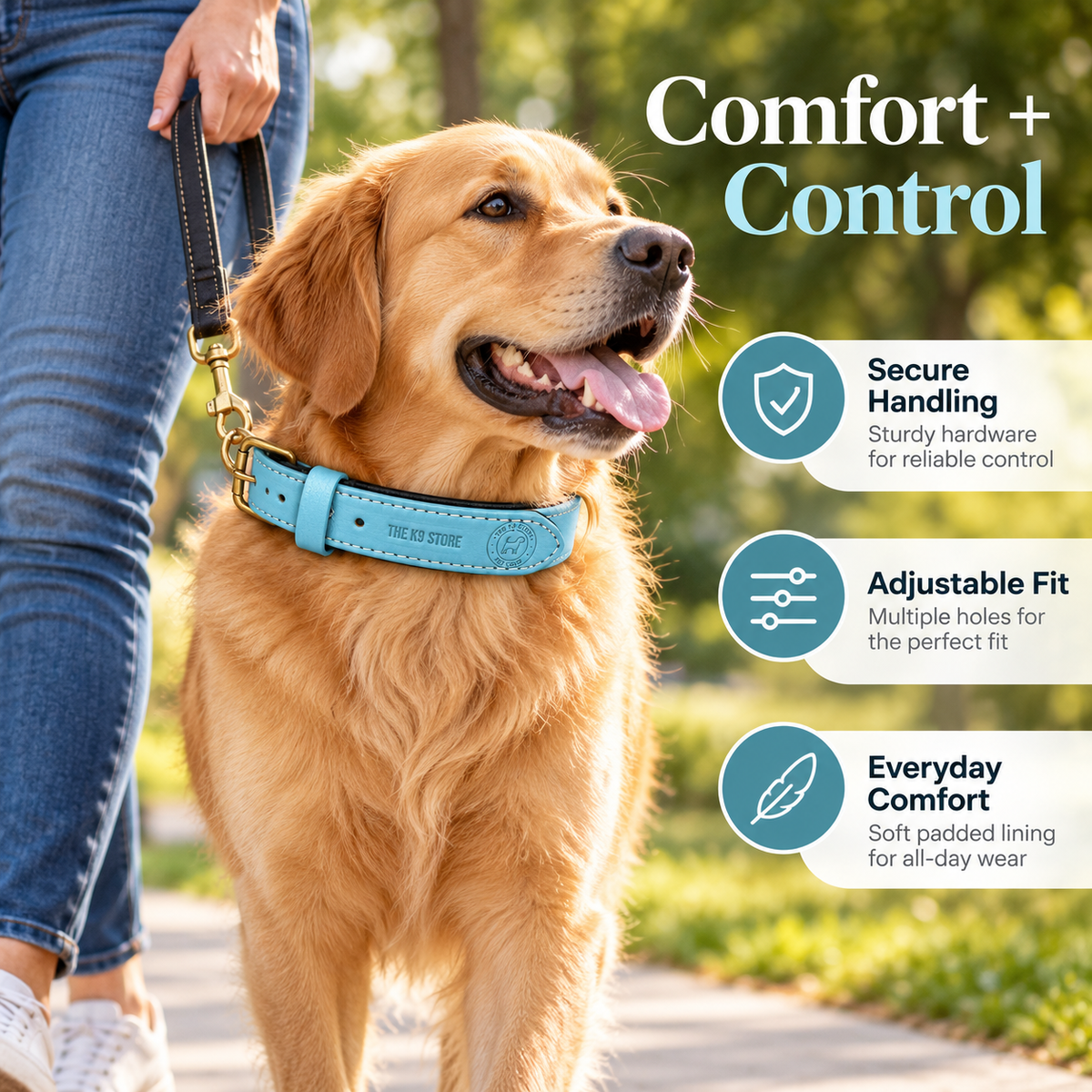The K9 Store Sky Blue Premium Leather Dog Collar | Soft Cushioned Inner Lining | Brass-Tone Buckle & D-Ring | Reinforced Stitching | S, M, L & XL | The K9 Store