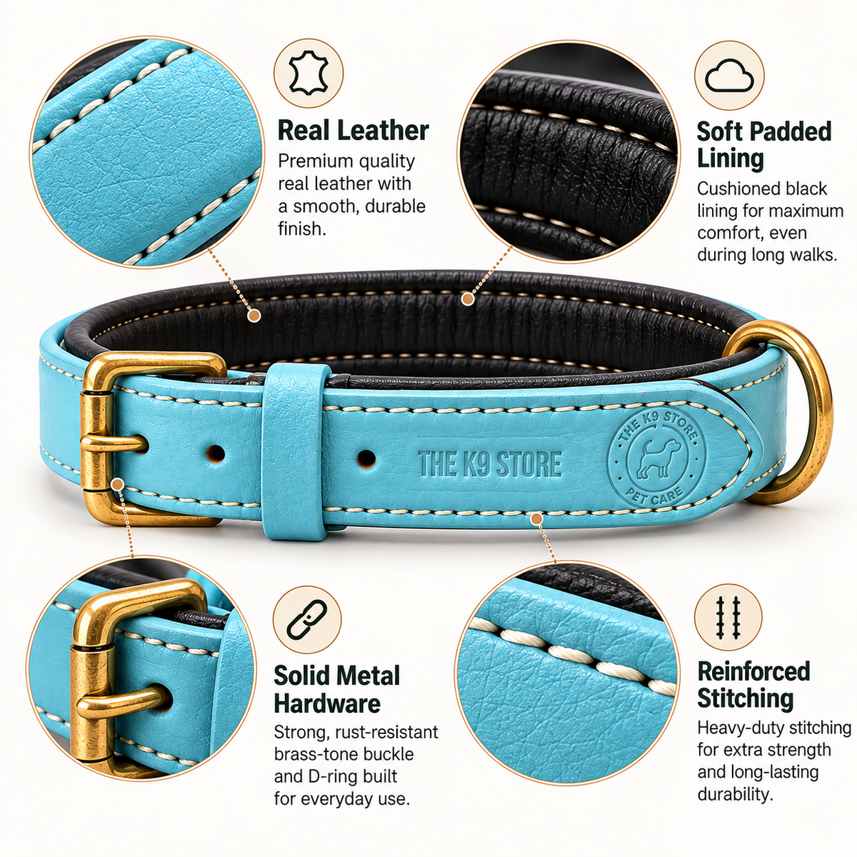 The K9 Store Sky Blue Premium Leather Dog Collar | Soft Cushioned Inner Lining | Brass-Tone Buckle & D-Ring | Reinforced Stitching | S, M, L & XL | The K9 Store