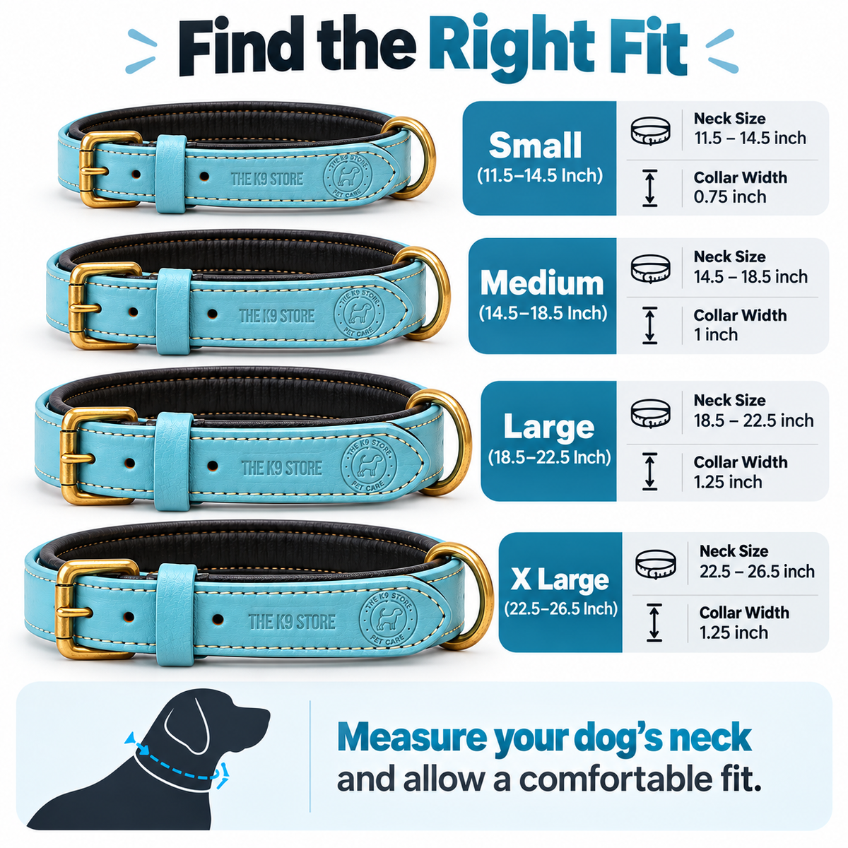The K9 Store Sky Blue Premium Leather Dog Collar | Soft Cushioned Inner Lining | Brass-Tone Buckle & D-Ring | Reinforced Stitching | S, M, L & XL | The K9 Store