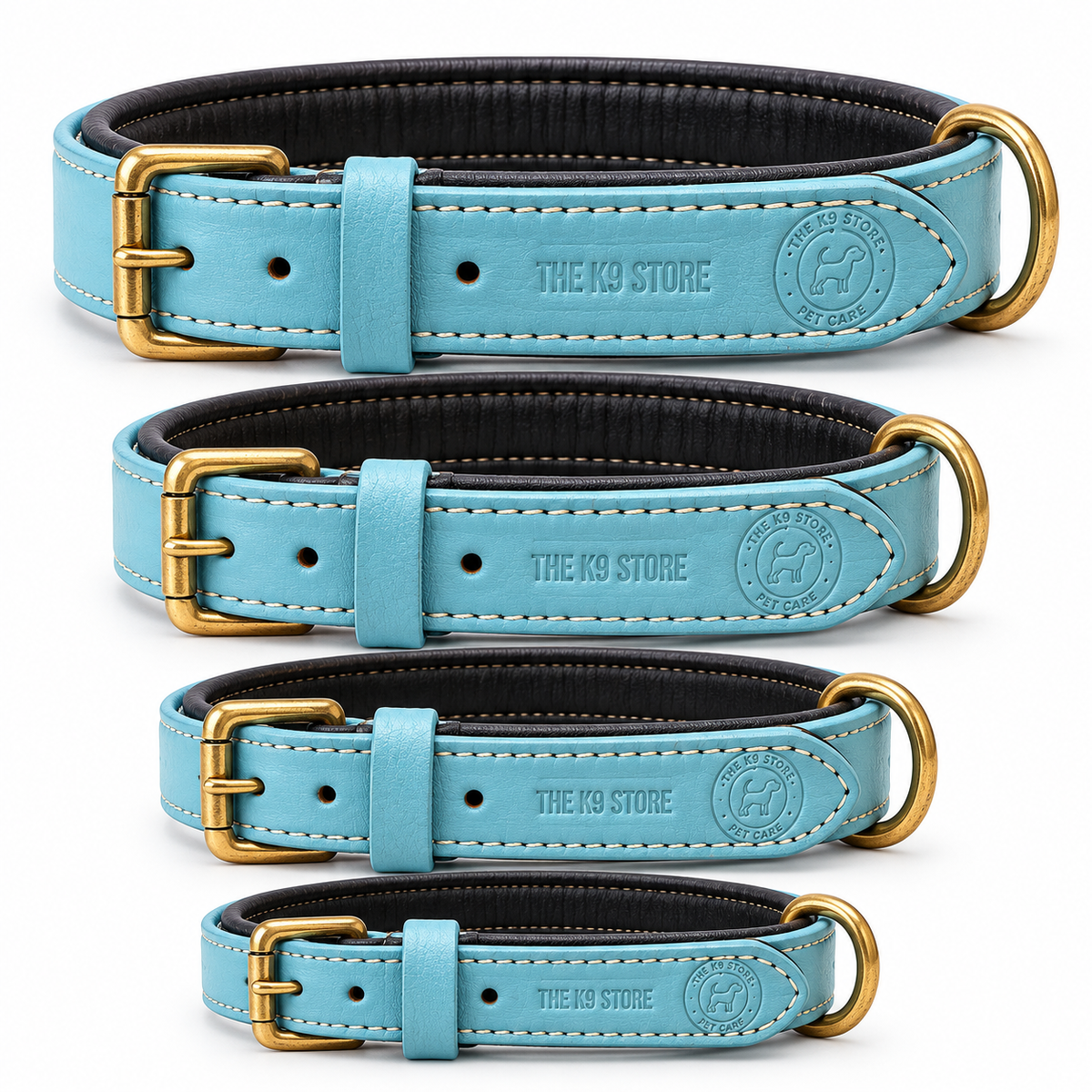 The K9 Store Sky Blue Premium Leather Dog Collar | Soft Cushioned Inner Lining | Brass-Tone Buckle & D-Ring | Reinforced Stitching | S, M, L & XL | The K9 Store