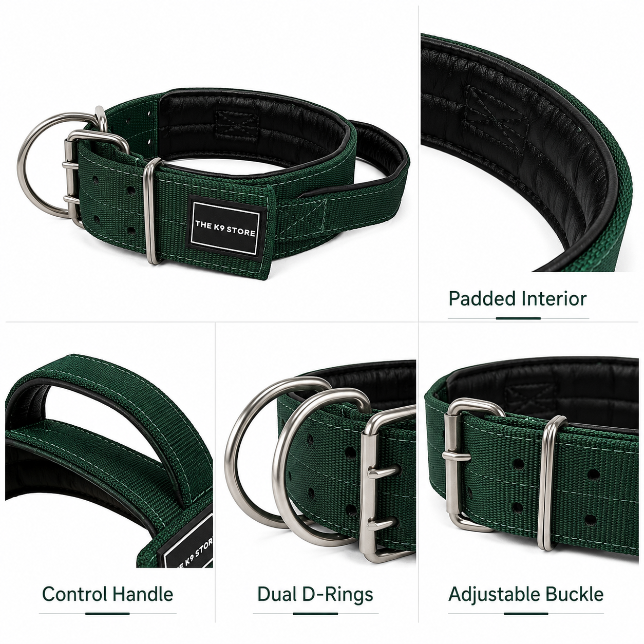 THE K9 STORE Heavy Duty Nylon Dog Collar | 2-Inch Wide | Dual D-Ring | Padded Lining | Control Handle | Reinforced Metal Buckle | Large & XL | Green | The K9 Store