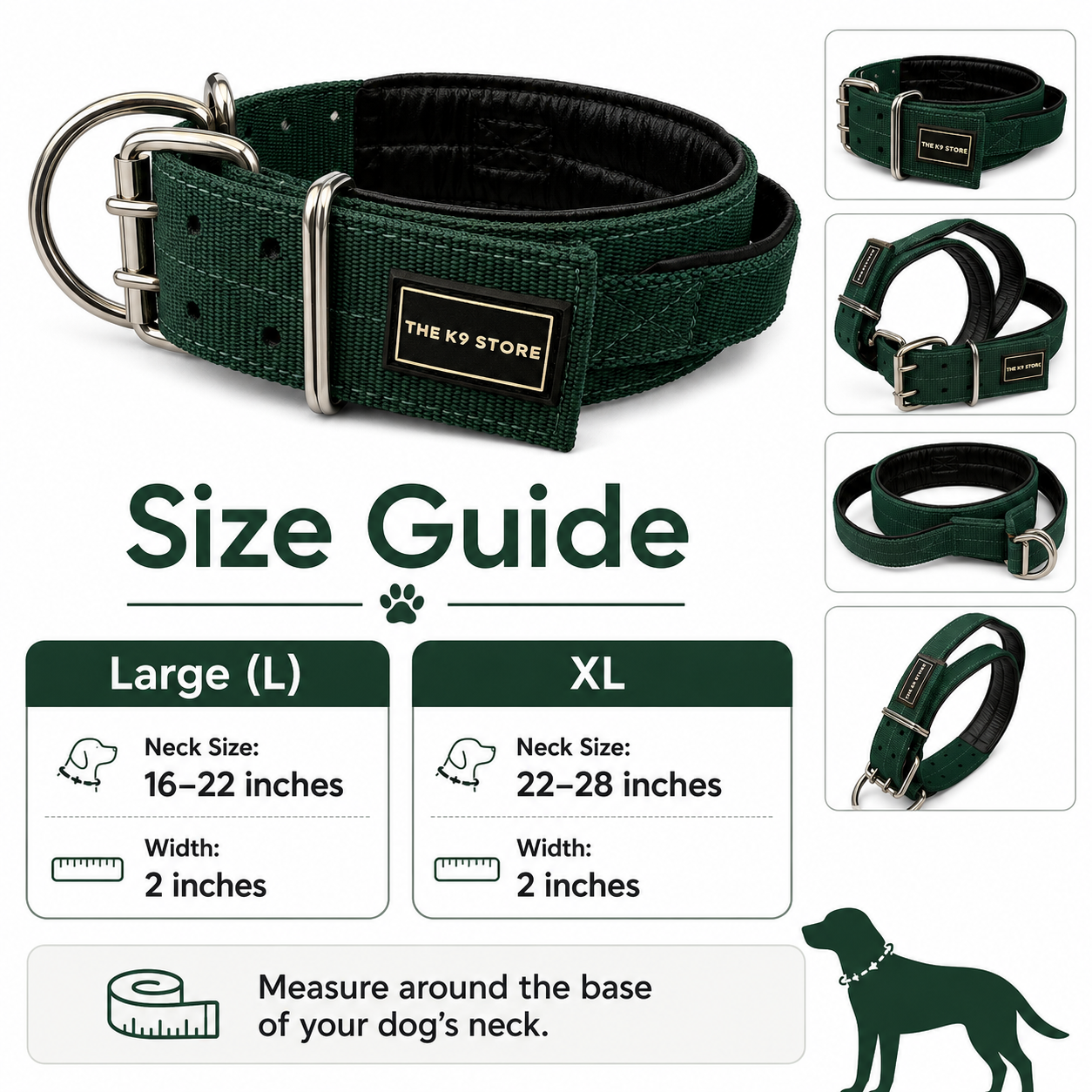 THE K9 STORE Heavy Duty Nylon Dog Collar | 2-Inch Wide | Dual D-Ring | Padded Lining | Control Handle | Reinforced Metal Buckle | Large & XL | Green | The K9 Store