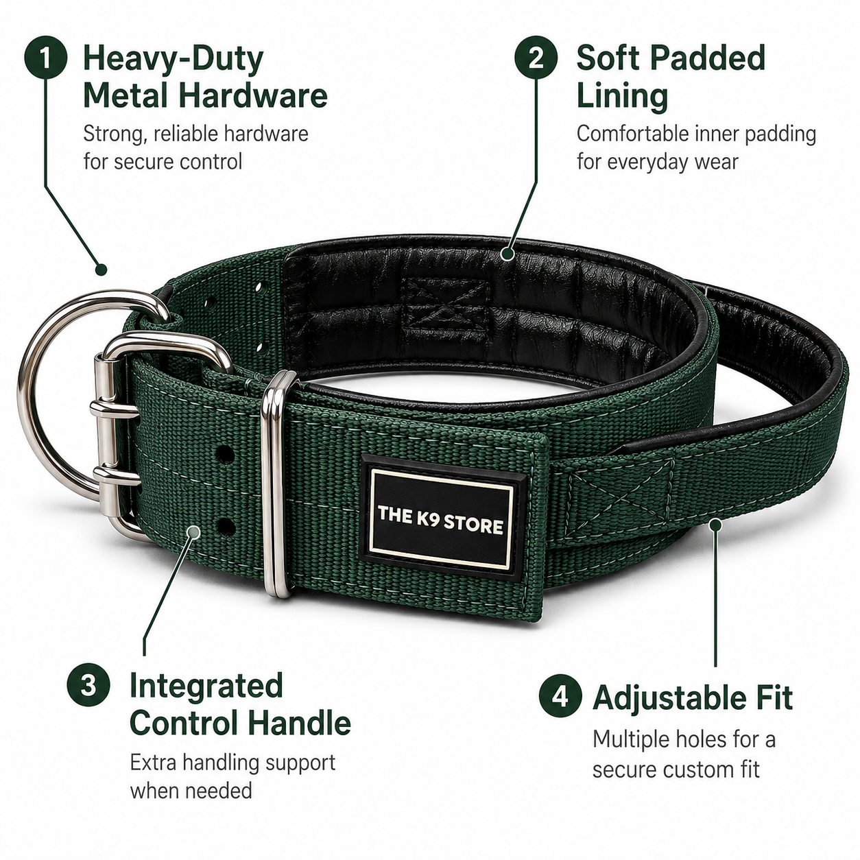 THE K9 STORE Heavy Duty Nylon Dog Collar | 2-Inch Wide | Dual D-Ring | Padded Lining | Control Handle | Reinforced Metal Buckle | Large & XL | Green | The K9 Store