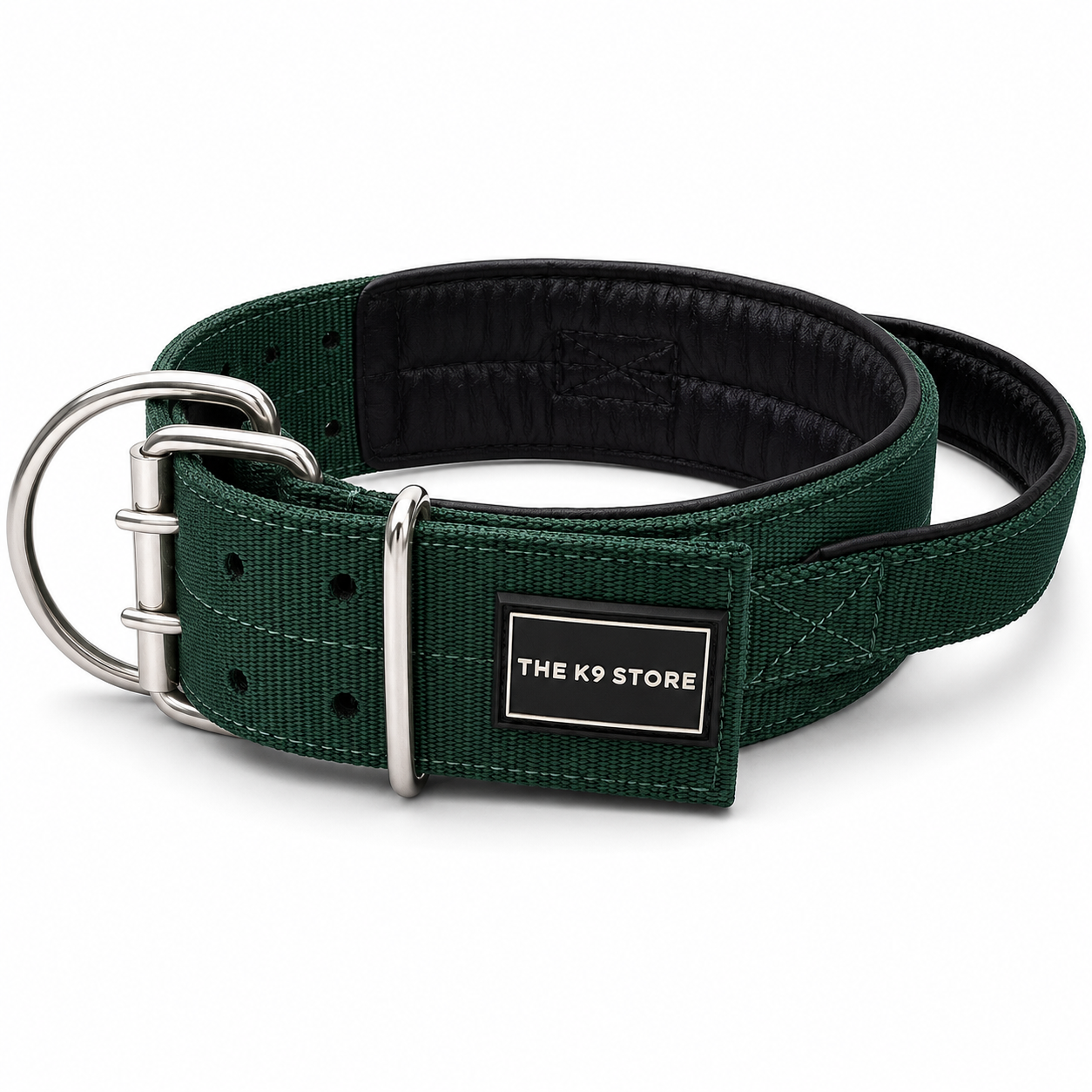 THE K9 STORE Heavy Duty Nylon Dog Collar | 2-Inch Wide | Dual D-Ring | Padded Lining | Control Handle | Reinforced Metal Buckle | Large & XL | Green | The K9 Store