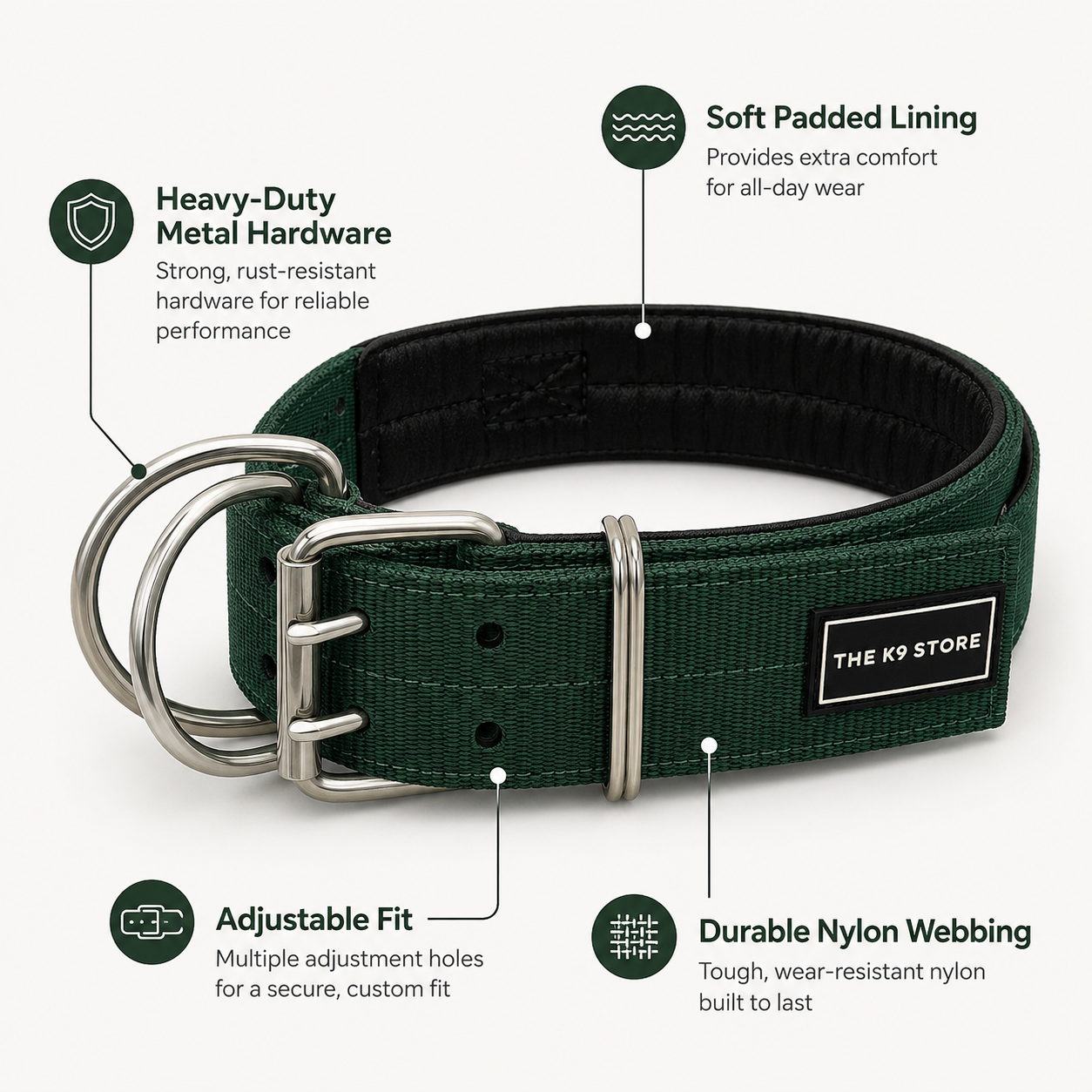 THE K9 STORE Heavy Duty Nylon Dog Collar | 2-Inch Wide | Dual D-Ring | Padded Lining | Control Handle | Reinforced Metal Buckle | Large & XL | Green | The K9 Store