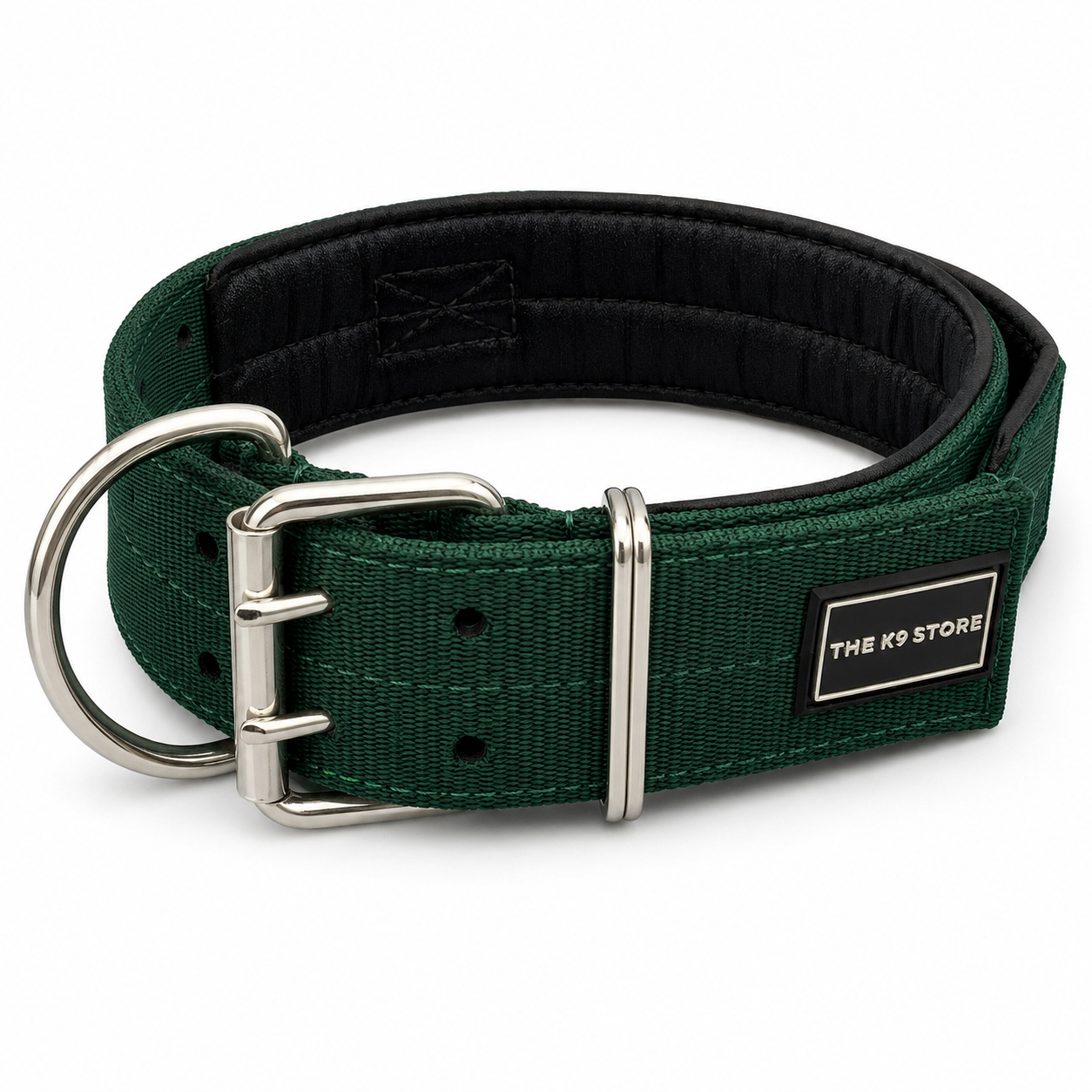 THE K9 STORE Heavy Duty Nylon Dog Collar | 2-Inch Wide | Dual D-Ring | Padded Lining | Control Handle | Reinforced Metal Buckle | Large & XL | Green | The K9 Store