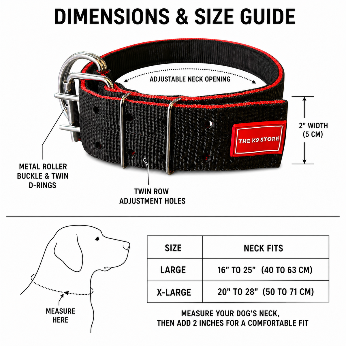 Heavy Duty Dog Collar | 2 Inch Wide Nylon | Twin D-Rings | Rust Resistant Hardware | Large & XL | Black/Red