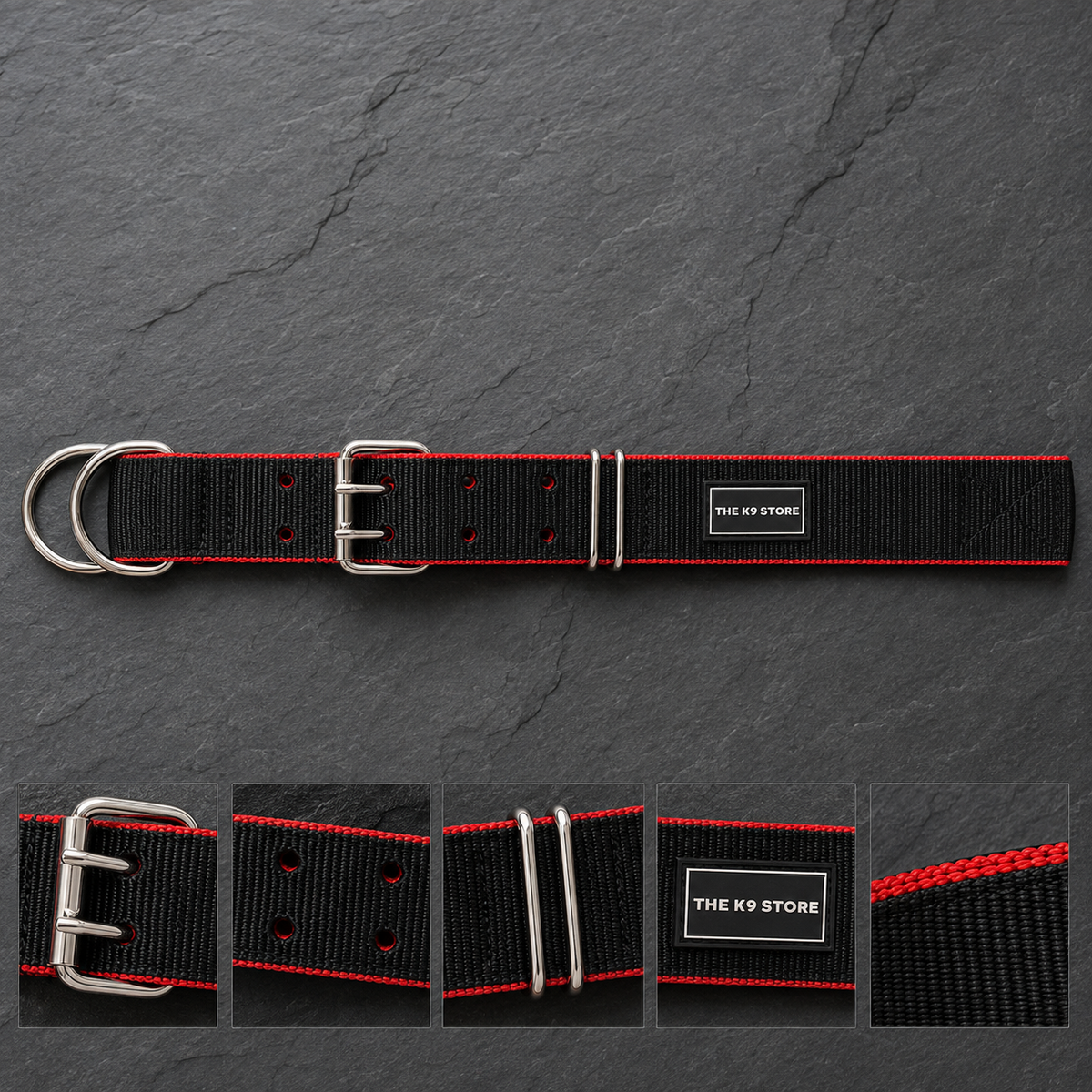 Heavy Duty Dog Collar | 2 Inch Wide Nylon | Twin D-Rings | Rust Resistant Hardware | Large & XL | Black/Red