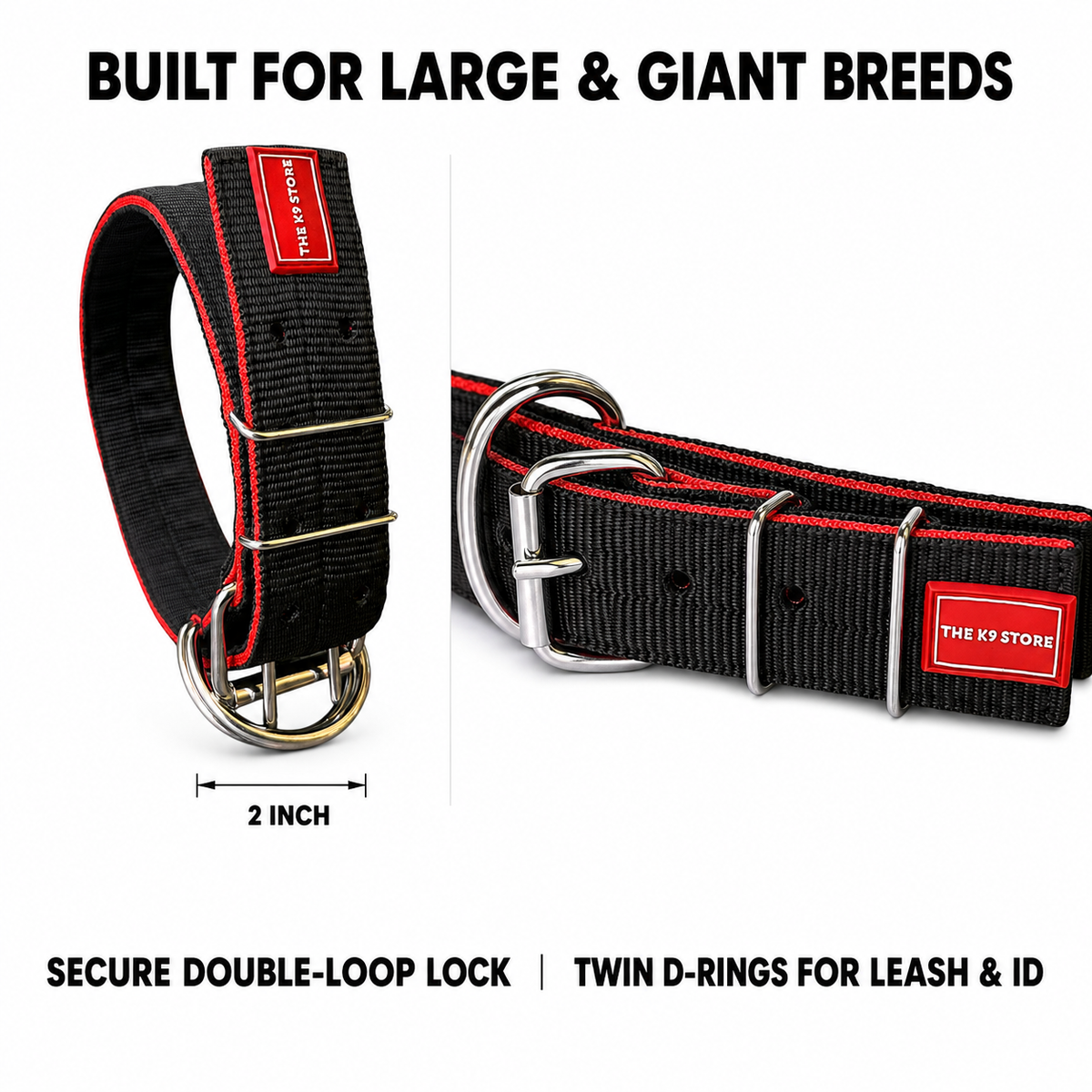 Heavy Duty Dog Collar | 2 Inch Wide Nylon | Twin D-Rings | Rust Resistant Hardware | Large & XL | Black/Red