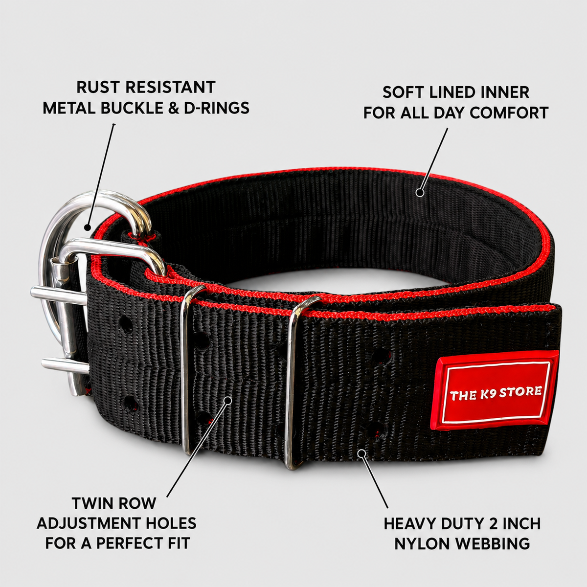Heavy Duty Dog Collar | 2 Inch Wide Nylon | Twin D-Rings | Rust Resistant Hardware | Large & XL | Black/Red