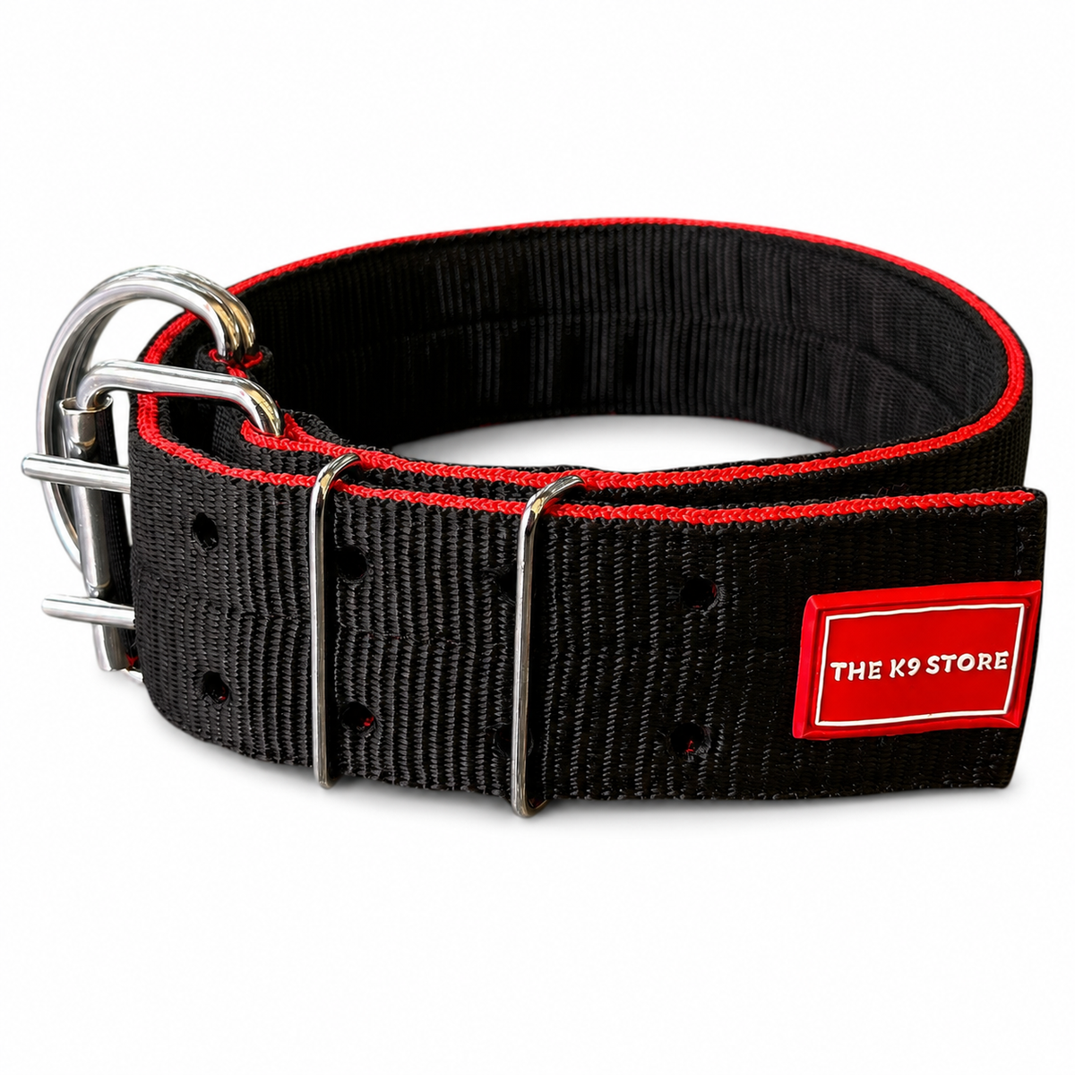 Heavy Duty Dog Collar | 2 Inch Wide Nylon | Twin D-Rings | Rust Resistant Hardware | Large & XL | Black/Red
