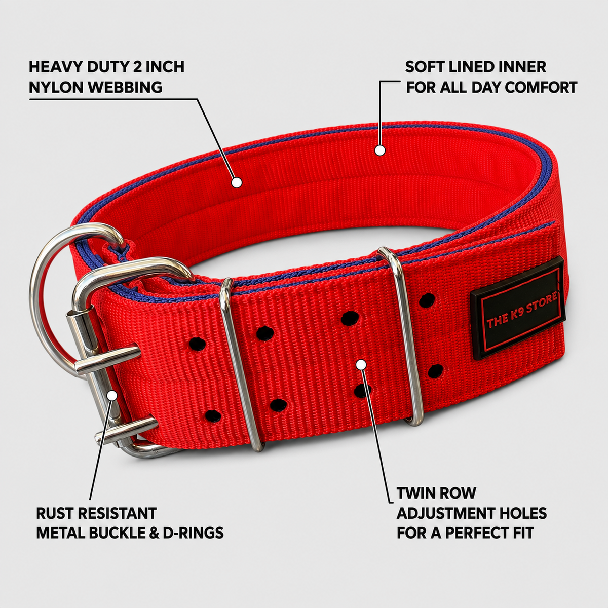 Heavy Duty Dog Collar | 2 Inch Wide Nylon | Twin D-Rings | Rust Resistant Hardware | Large & XL | Red/Blue