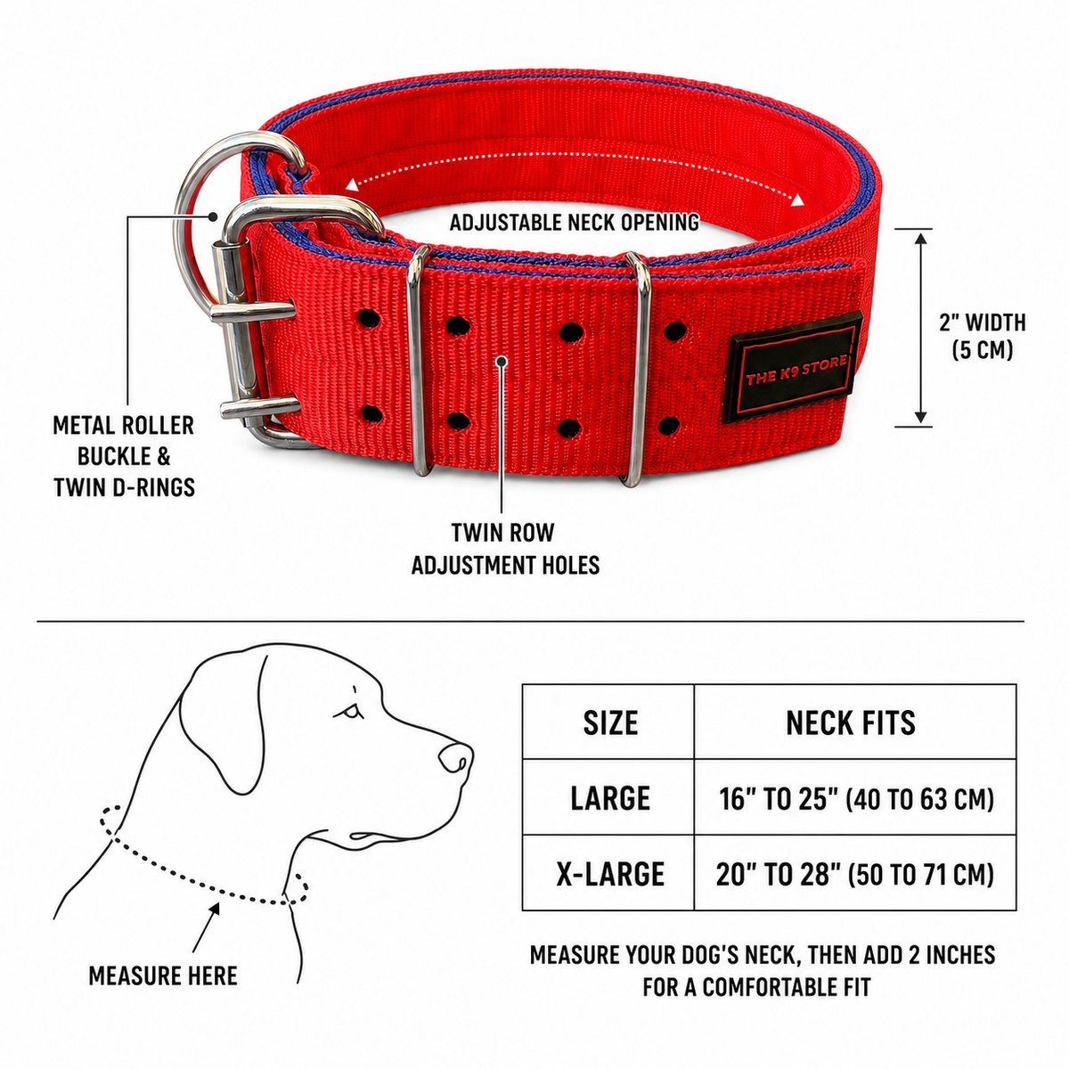 Heavy Duty Dog Collar | 2 Inch Wide Nylon | Twin D-Rings | Rust Resistant Hardware | Large & XL | Red/Blue