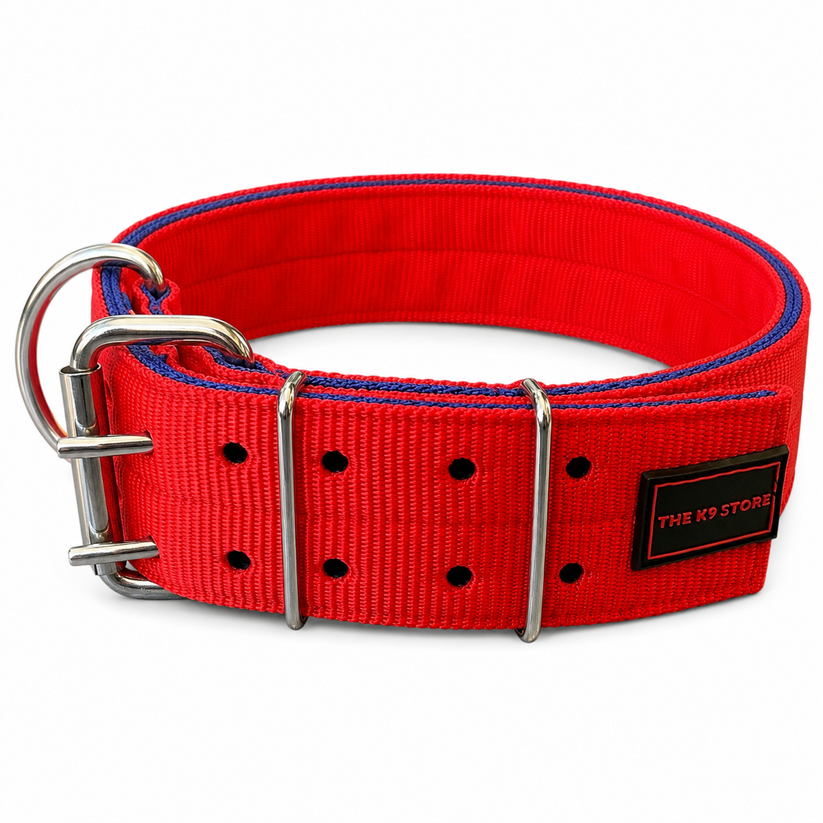 Heavy Duty Dog Collar | 2 Inch Wide Nylon | Twin D-Rings | Rust Resistant Hardware | Large & XL | Red/Blue