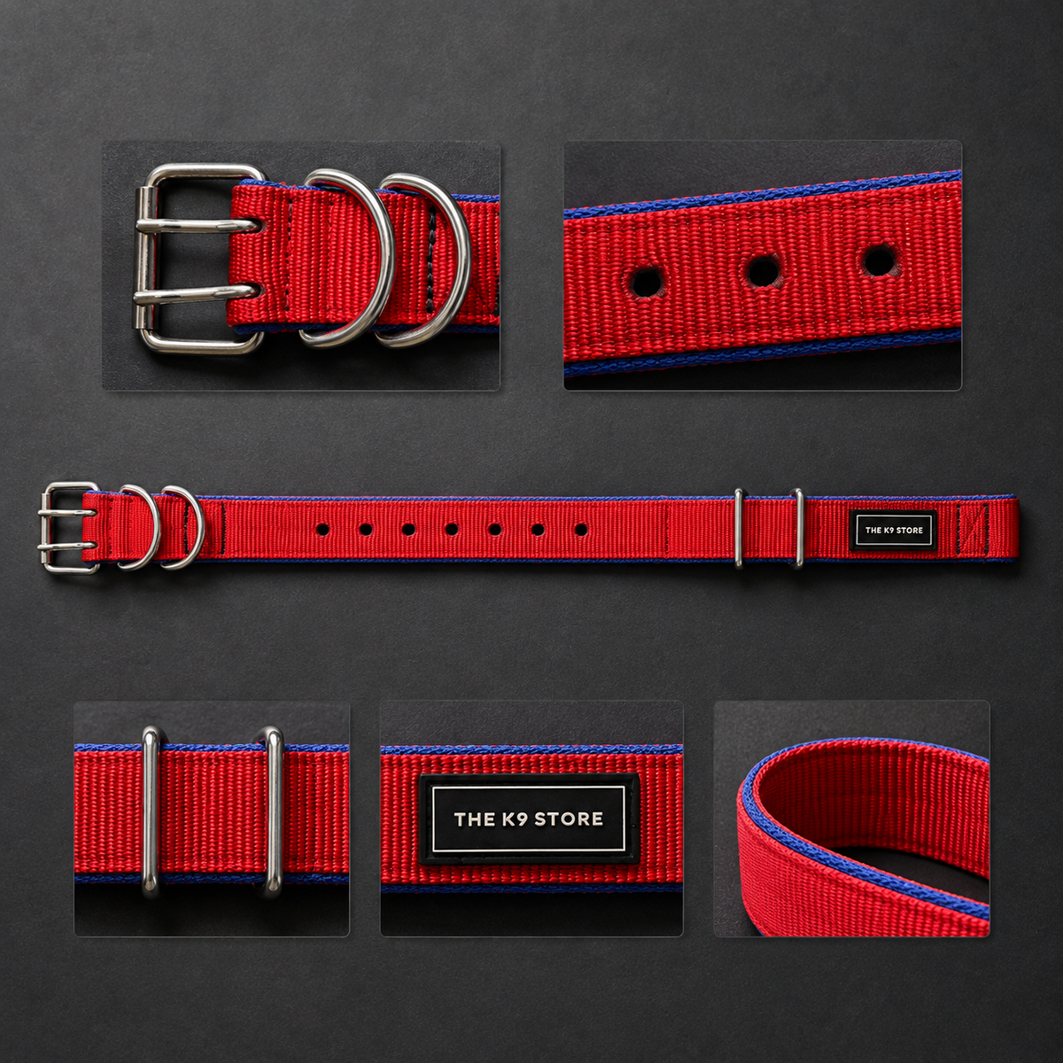 Heavy Duty Dog Collar | 2 Inch Wide Nylon | Twin D-Rings | Rust Resistant Hardware | Large & XL | Red/Blue