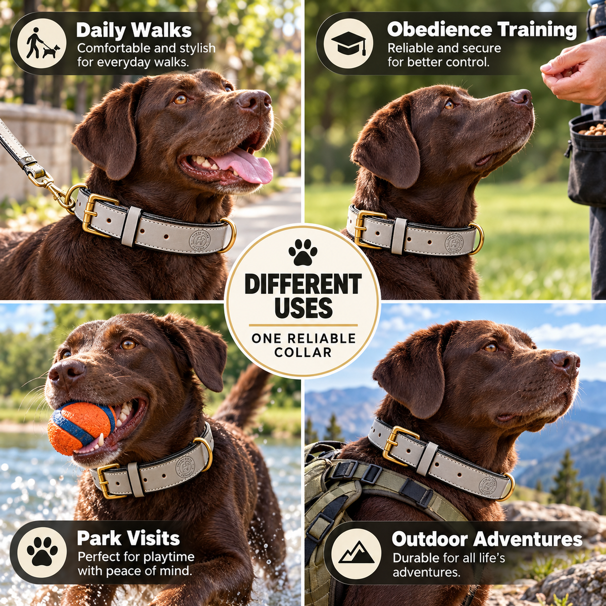 The K9 Store Dark Grey Premium Leather Dog Collar | Soft Cushioned Black Inner Lining | Brass-Tone Buckle & D-Ring | Reinforced Stitching | S, M, L & XL | The K9 Store