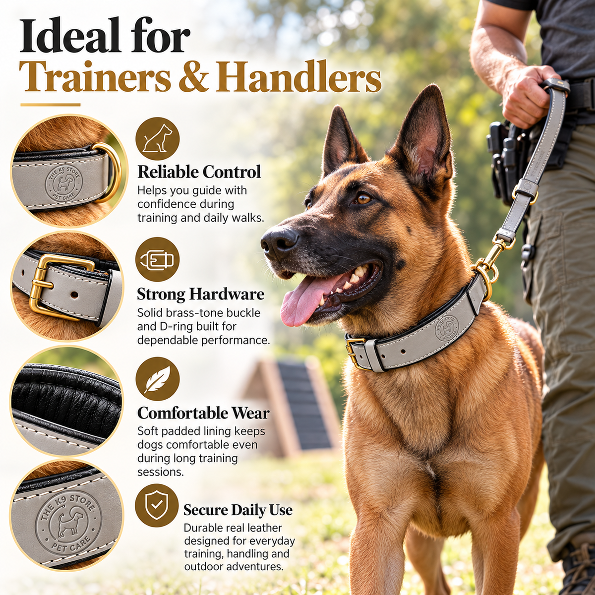 The K9 Store Dark Grey Premium Leather Dog Collar | Soft Cushioned Black Inner Lining | Brass-Tone Buckle & D-Ring | Reinforced Stitching | S, M, L & XL | The K9 Store