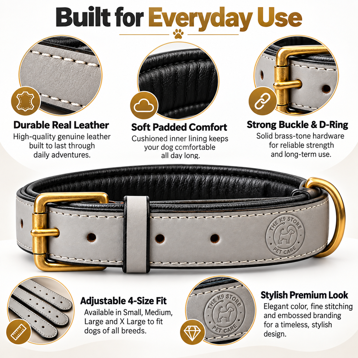 The K9 Store Dark Grey Premium Leather Dog Collar | Soft Cushioned Black Inner Lining | Brass-Tone Buckle & D-Ring | Reinforced Stitching | S, M, L & XL | The K9 Store