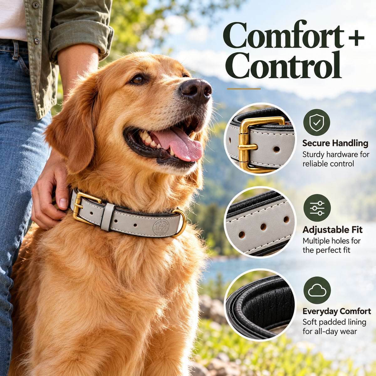 The K9 Store Dark Grey Premium Leather Dog Collar | Soft Cushioned Black Inner Lining | Brass-Tone Buckle & D-Ring | Reinforced Stitching | S, M, L & XL | The K9 Store