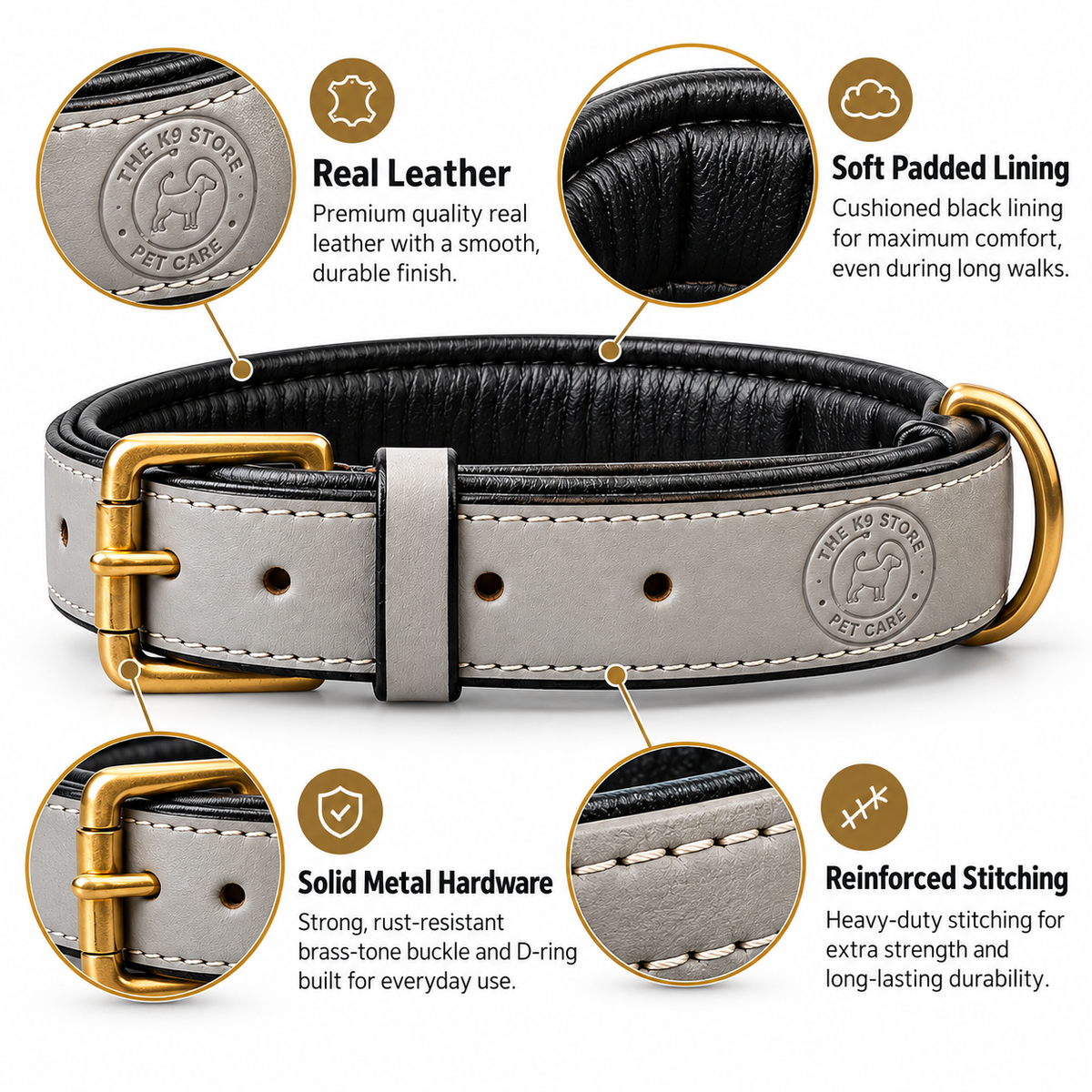 The K9 Store Dark Grey Premium Leather Dog Collar | Soft Cushioned Black Inner Lining | Brass-Tone Buckle & D-Ring | Reinforced Stitching | S, M, L & XL | The K9 Store