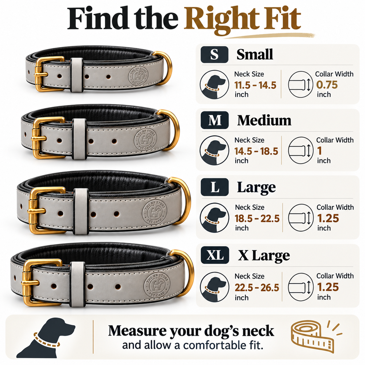 The K9 Store Dark Grey Premium Leather Dog Collar | Soft Cushioned Black Inner Lining | Brass-Tone Buckle & D-Ring | Reinforced Stitching | S, M, L & XL | The K9 Store