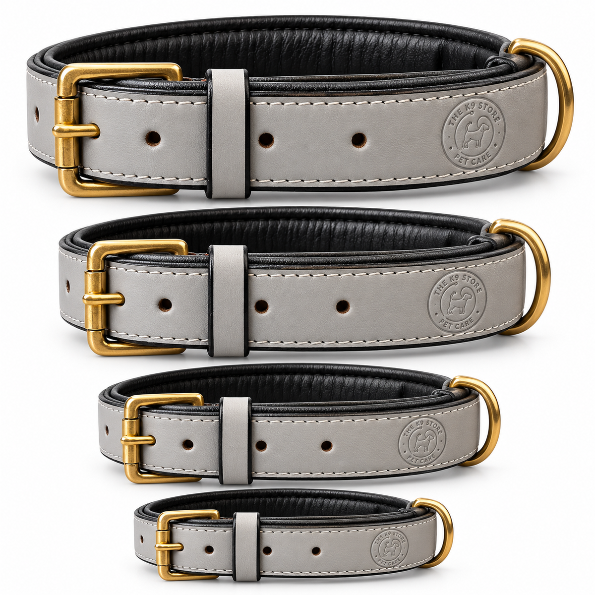 The K9 Store Dark Grey Premium Leather Dog Collar | Soft Cushioned Black Inner Lining | Brass-Tone Buckle & D-Ring | Reinforced Stitching | S, M, L & XL | The K9 Store