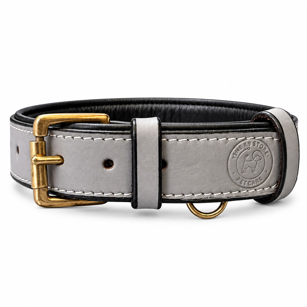 The K9 Store Dark Grey Premium Leather Dog Collar | Soft Cushioned Black Inner Lining | Brass-Tone Buckle & D-Ring | Reinforced Stitching | S, M, L & XL | The K9 Store