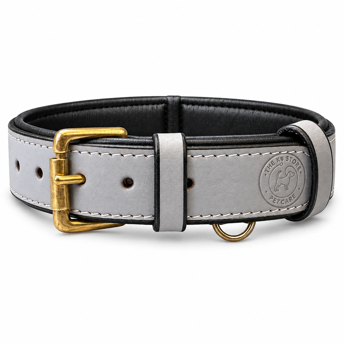 The K9 Store Dark Grey Premium Leather Dog Collar | Soft Cushioned Black Inner Lining | Brass-Tone Buckle & D-Ring | Reinforced Stitching | S, M, L & XL | The K9 Store