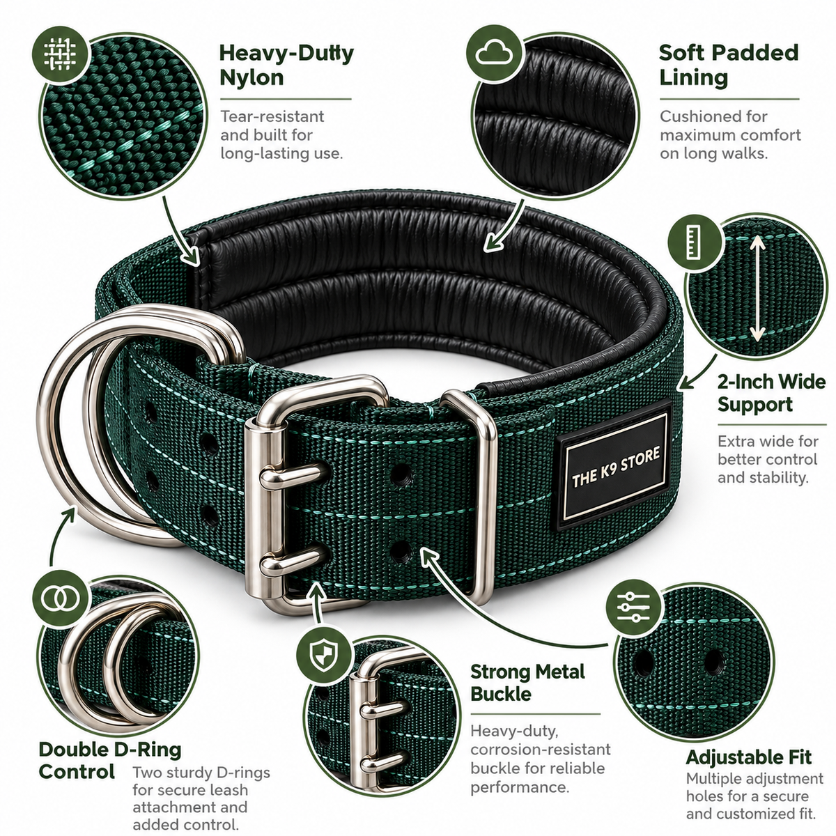 Premium Heavy-Duty Green Nylon Dog Collar with Soft Padding, 2-Inch Wide, Double D-Ring | The K9 Store