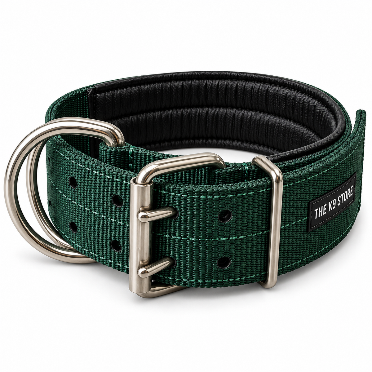 Premium Heavy-Duty Green Nylon Dog Collar with Soft Padding, 2-Inch Wide, Double D-Ring | The K9 Store