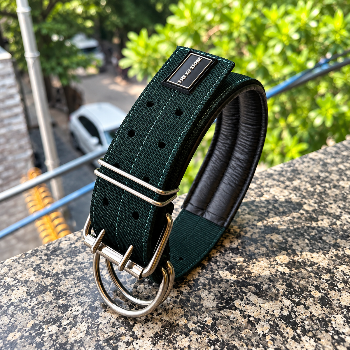 Premium Heavy-Duty Green Nylon Dog Collar with Soft Padding, 2-Inch Wide, Double D-Ring | The K9 Store