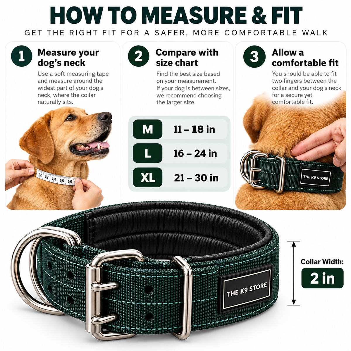 Premium Heavy-Duty Green Nylon Dog Collar with Soft Padding, 2-Inch Wide, Double D-Ring | The K9 Store