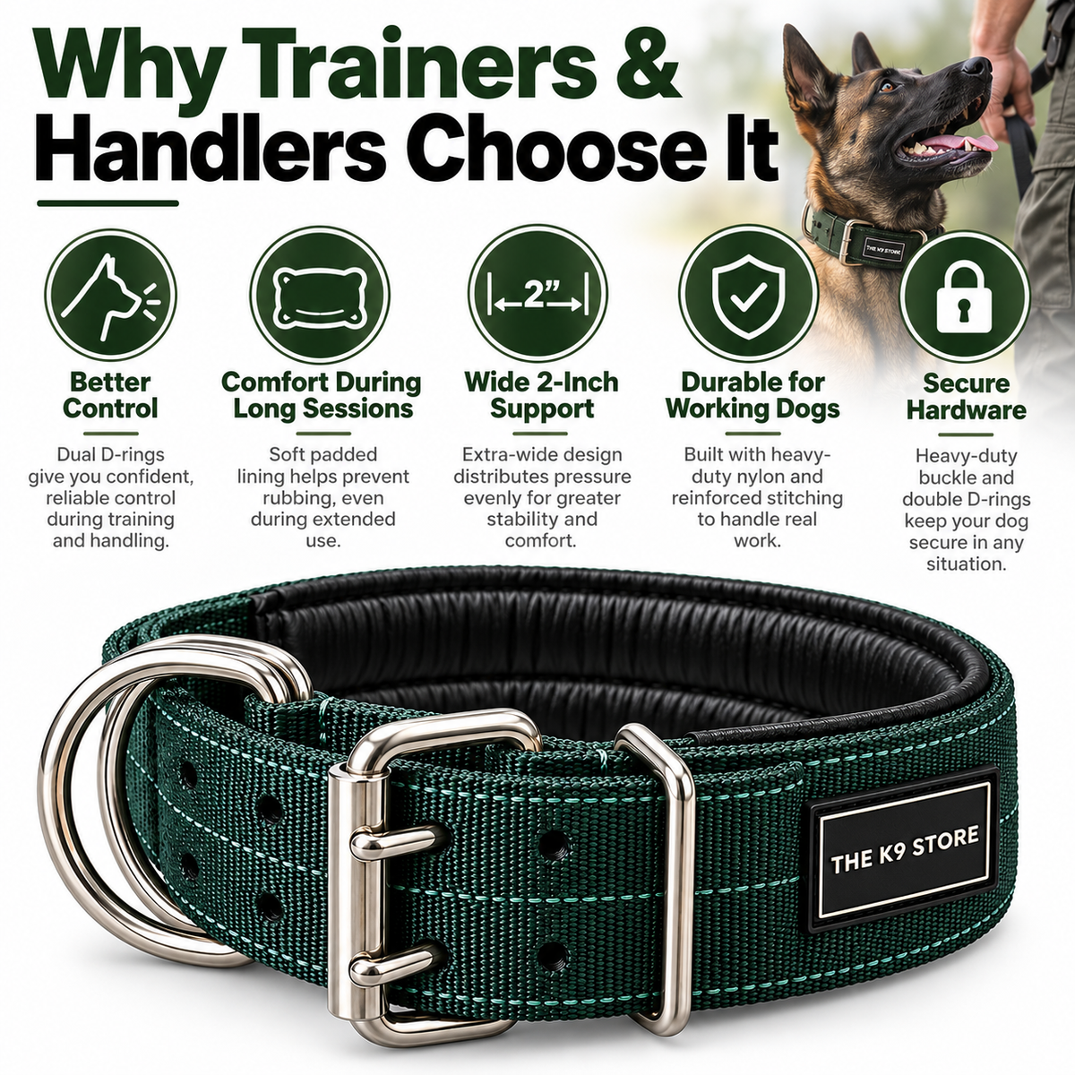 Premium Heavy-Duty Green Nylon Dog Collar with Soft Padding, 2-Inch Wide, Double D-Ring | The K9 Store