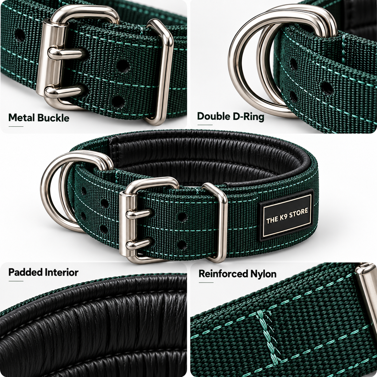 Premium Heavy-Duty Green Nylon Dog Collar with Soft Padding, 2-Inch Wide, Double D-Ring | The K9 Store