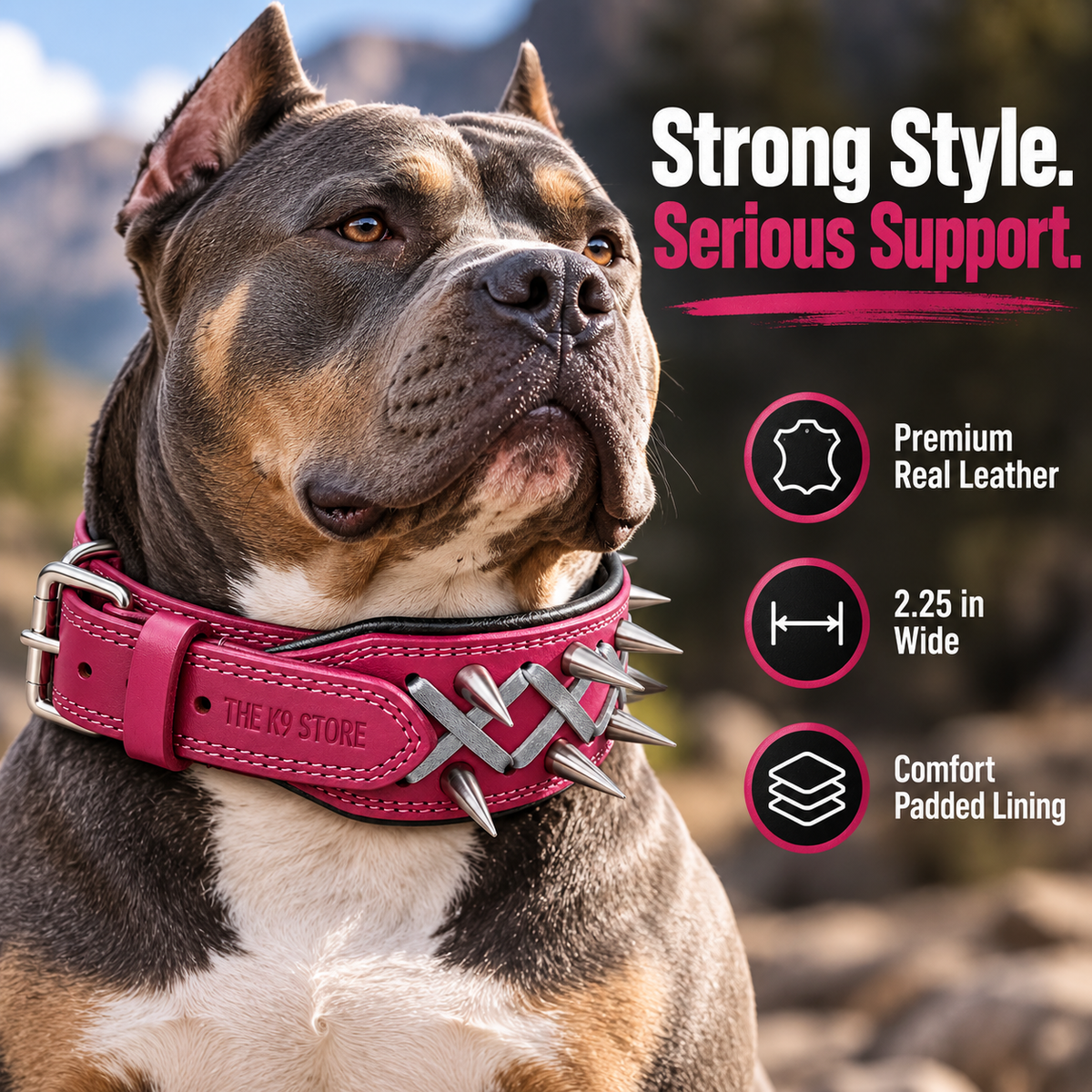 Plum Spiked Real Leather Dog Collar – 2.25" Wide Padded Heavy-Duty Collar for Large Breeds