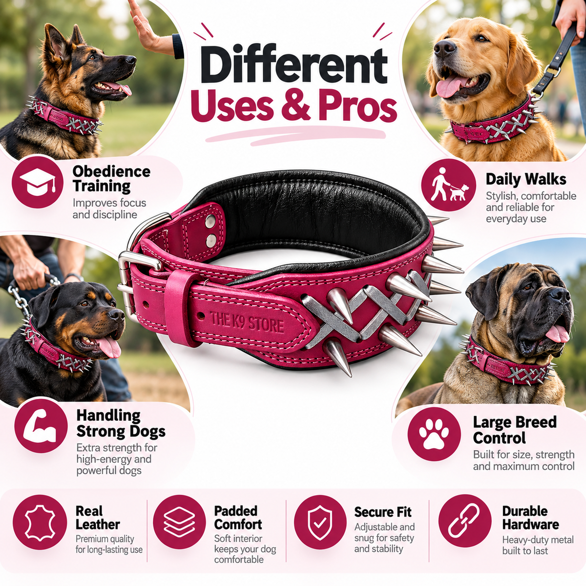 Plum Spiked Real Leather Dog Collar – 2.25" Wide Padded Heavy-Duty Collar for Large Breeds