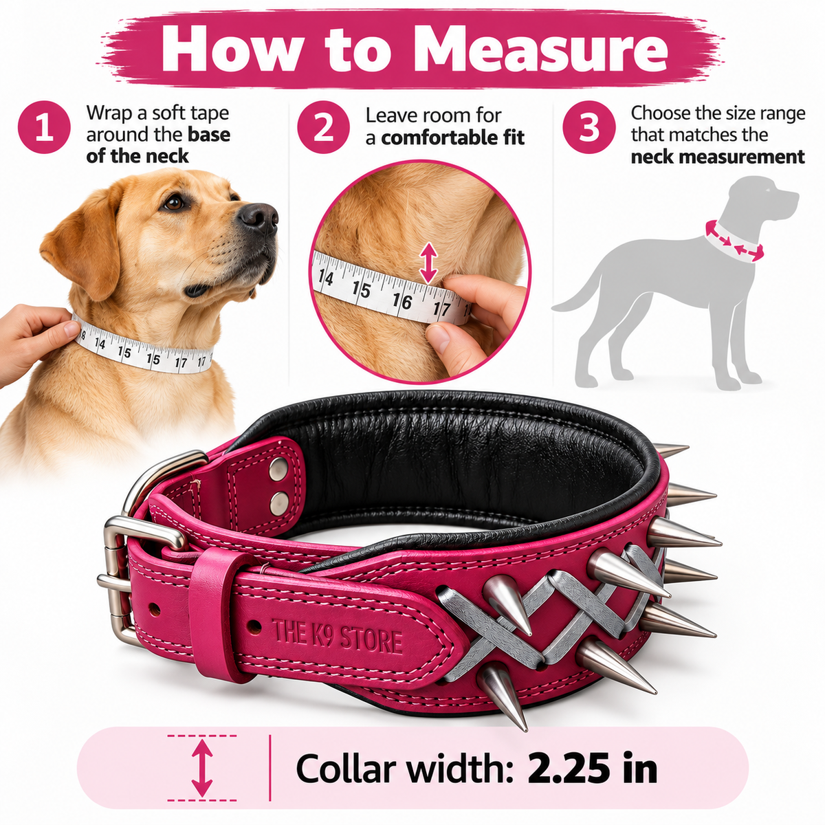 Plum Spiked Real Leather Dog Collar – 2.25" Wide Padded Heavy-Duty Collar for Large Breeds