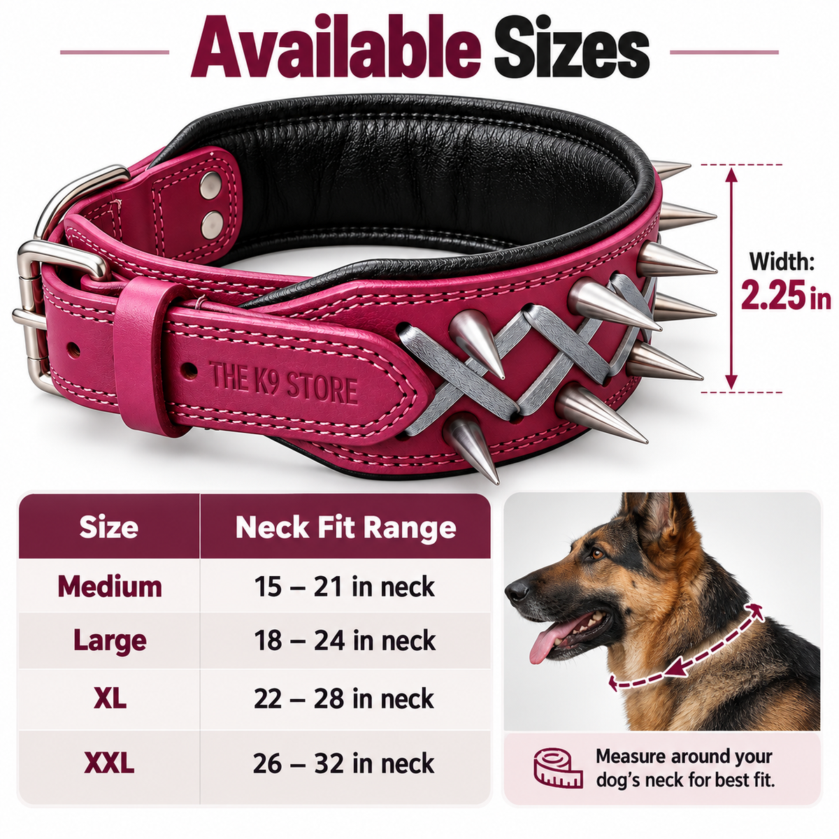 Plum Spiked Real Leather Dog Collar – 2.25" Wide Padded Heavy-Duty Collar for Large Breeds