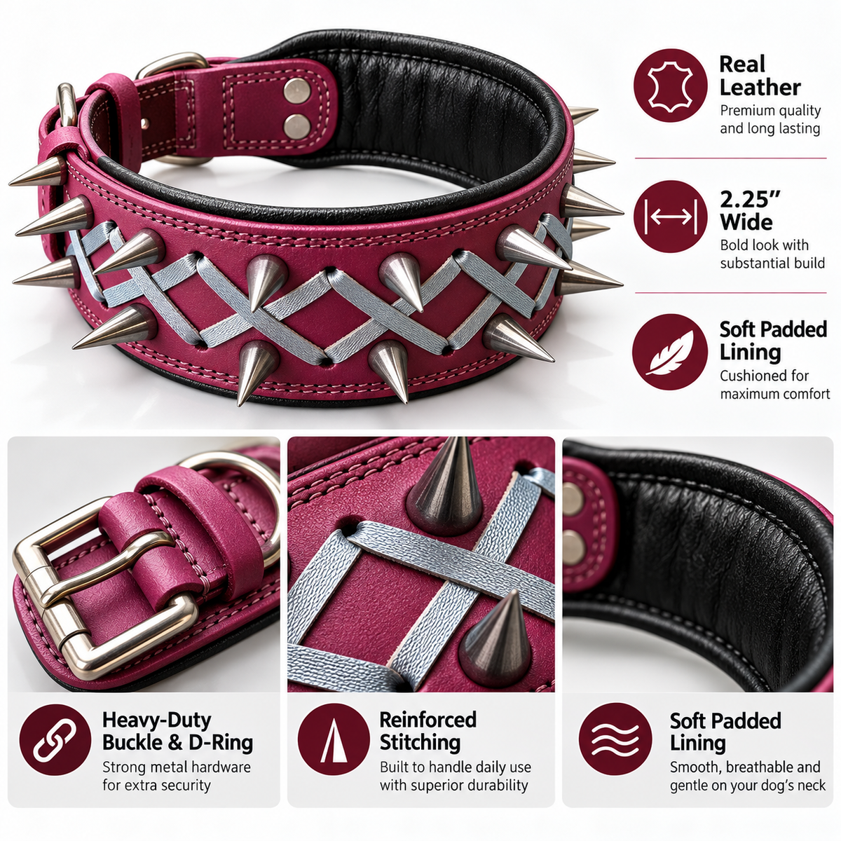 Plum Spiked Real Leather Dog Collar – 2.25" Wide Padded Heavy-Duty Collar for Large Breeds