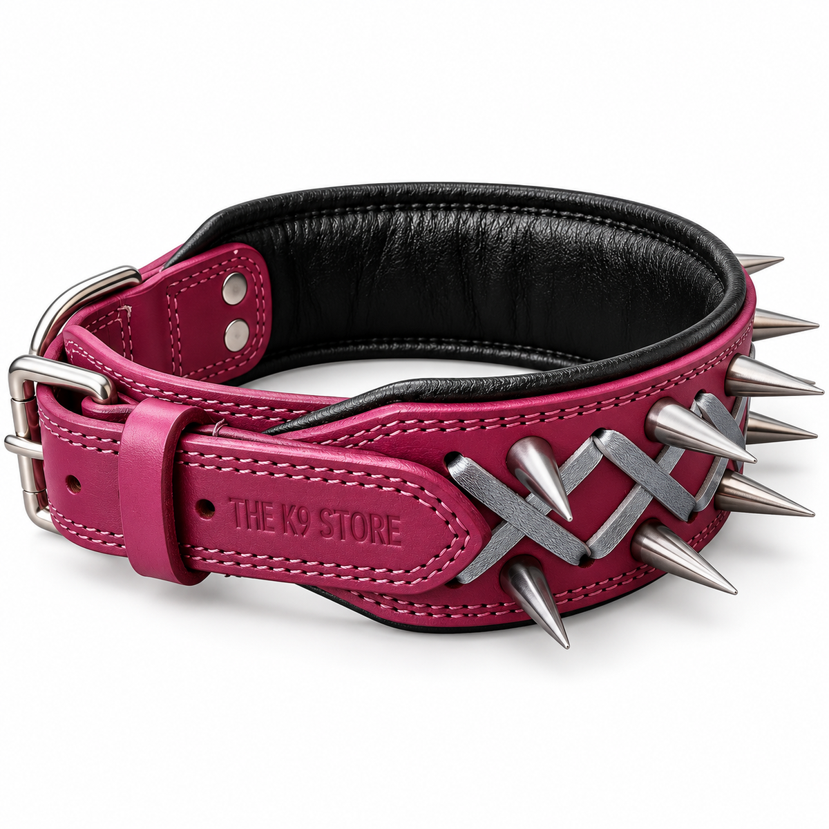 Plum Spiked Real Leather Dog Collar – 2.25" Wide Padded Heavy-Duty Collar for Large Breeds
