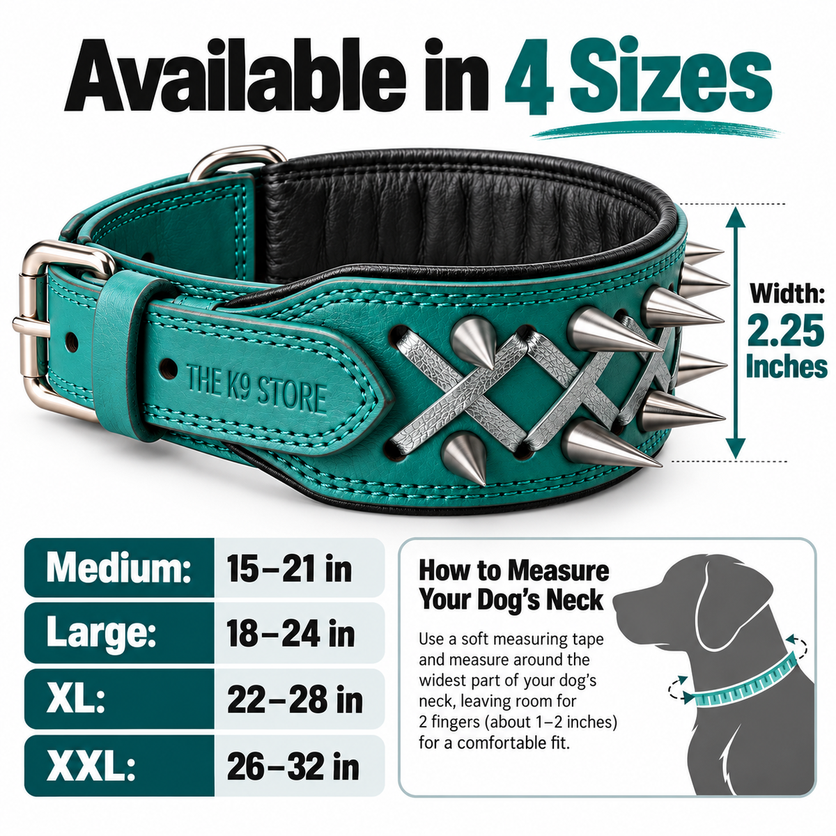 Teal Spiked Real Leather Dog Collar – 2.25" Wide Padded Heavy-Duty Collar for Large Breeds