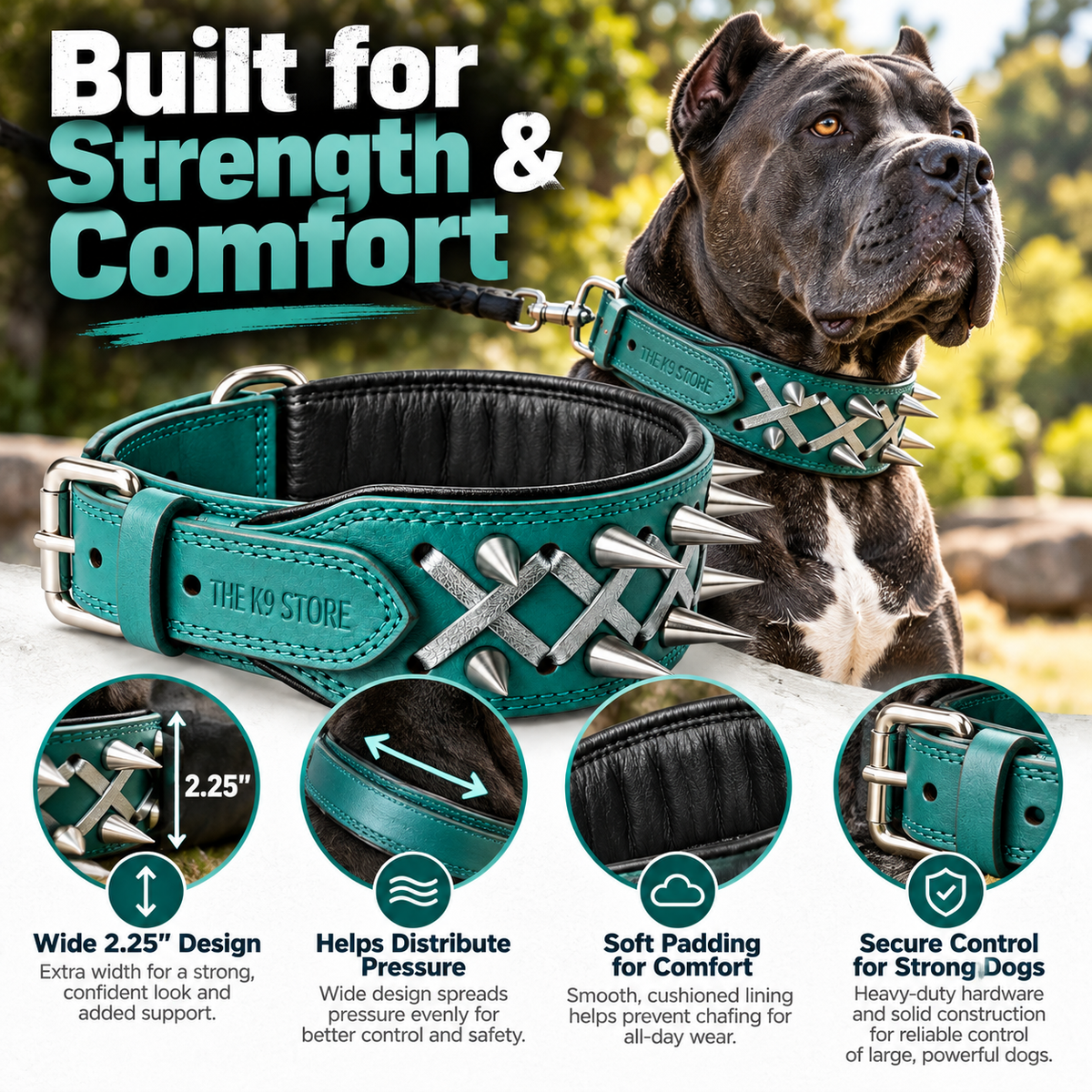 Teal Spiked Real Leather Dog Collar – 2.25" Wide Padded Heavy-Duty Collar for Large Breeds